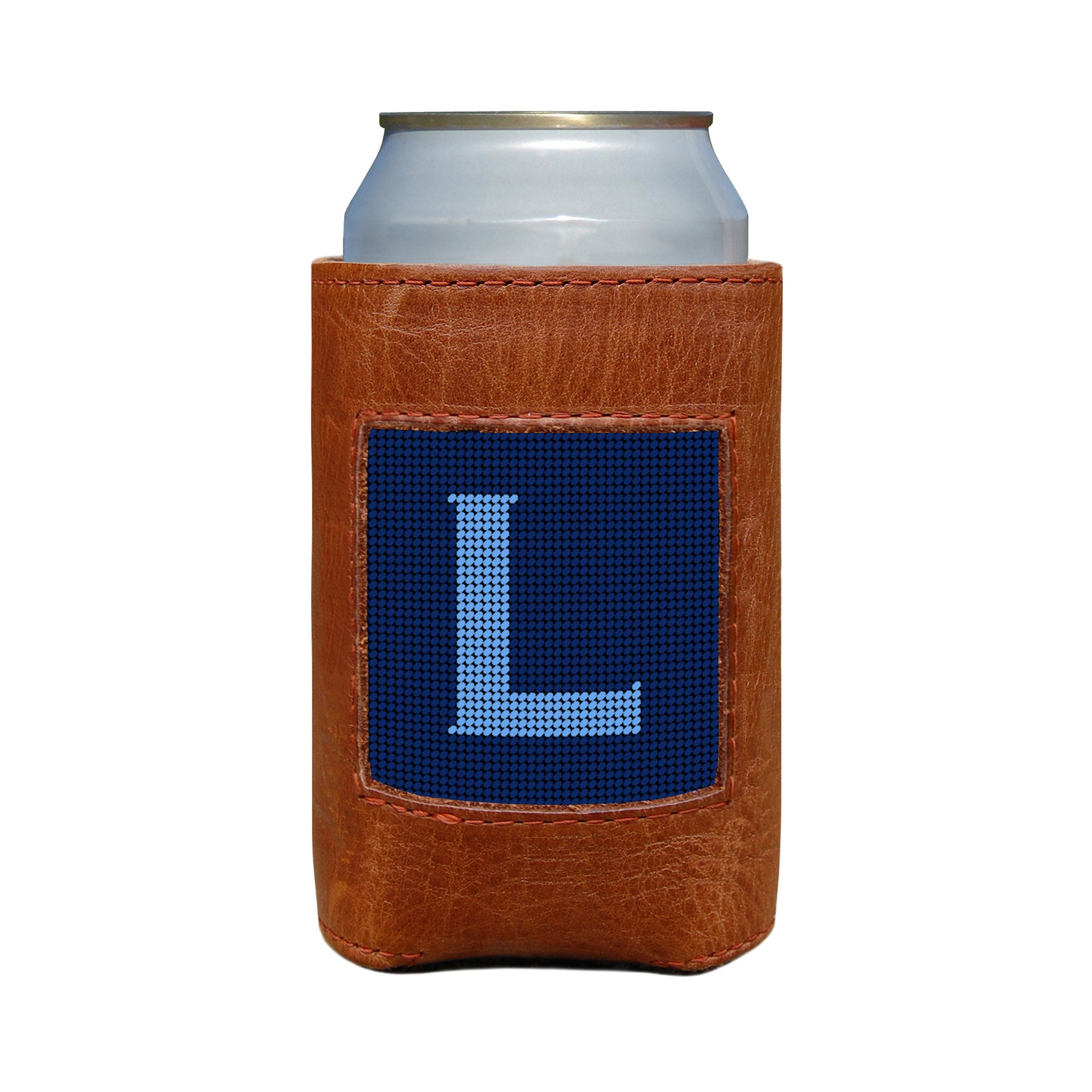 Classic navy and cornflower blue can cooler with the Murphy script letter “L” monogram and white stitching.