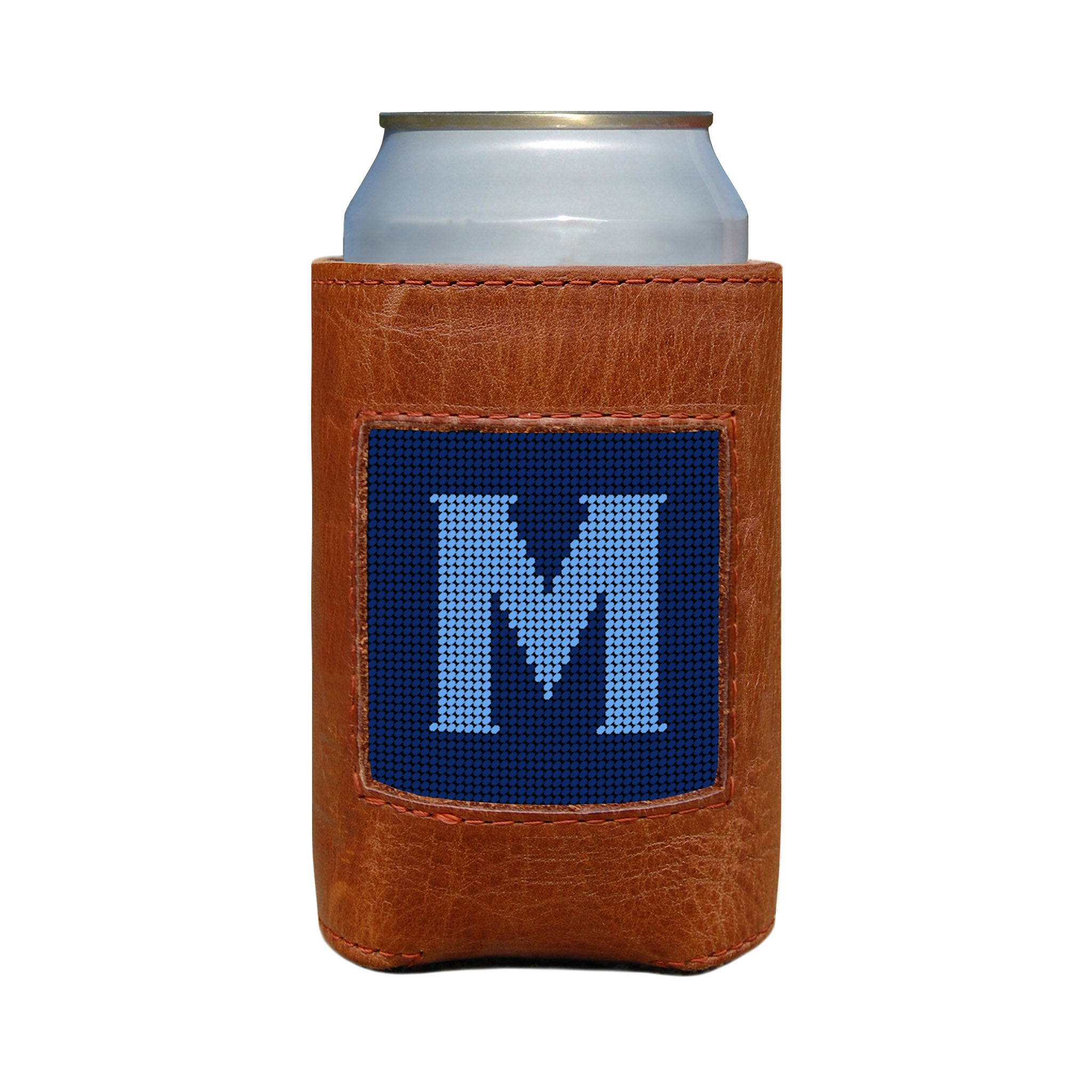 Classic navy and cornflower blue can cooler with the Murphy script letter “M” monogram and white stitching.