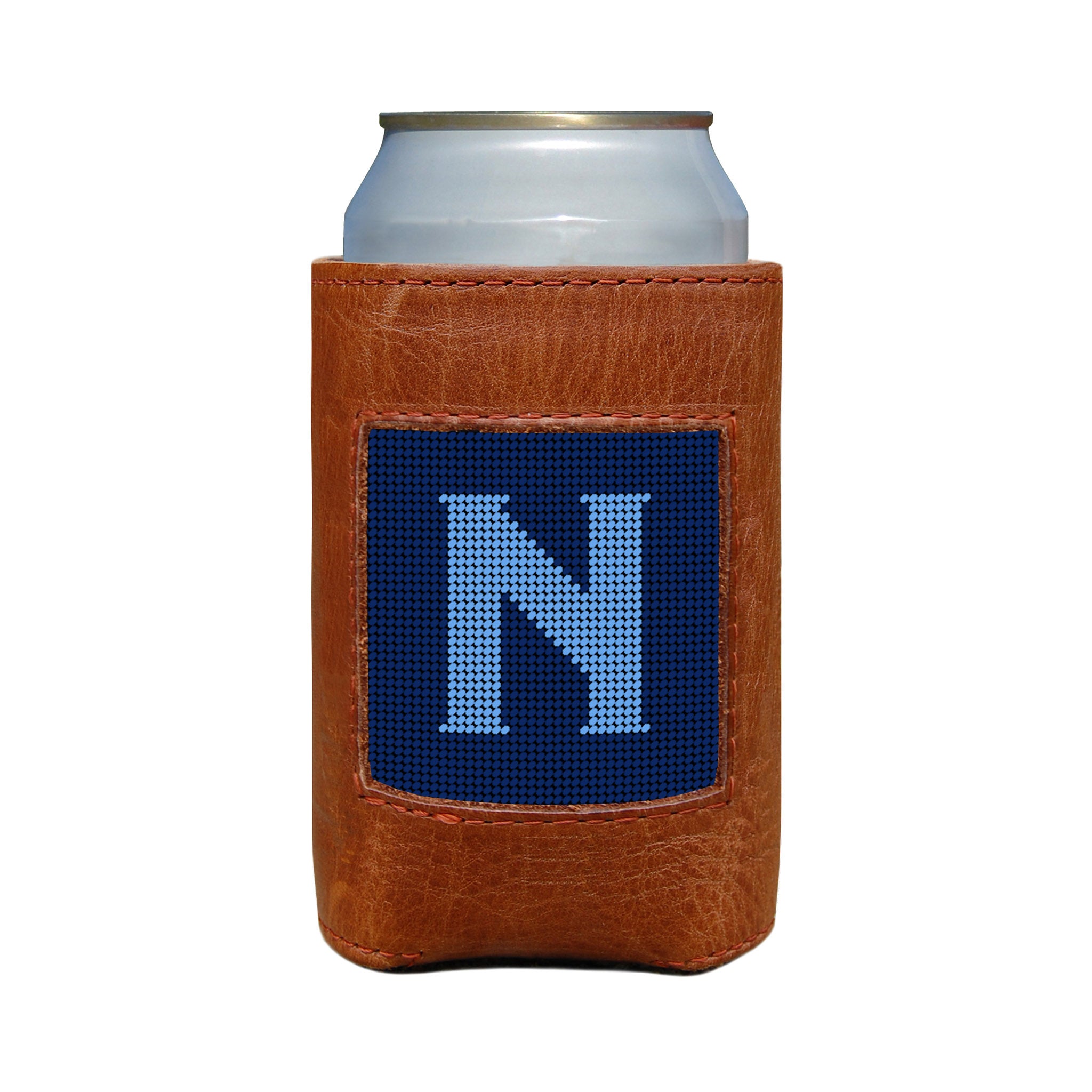 Classic navy and cornflower blue can cooler with the Murphy script letter “N” monogram and white stitching.