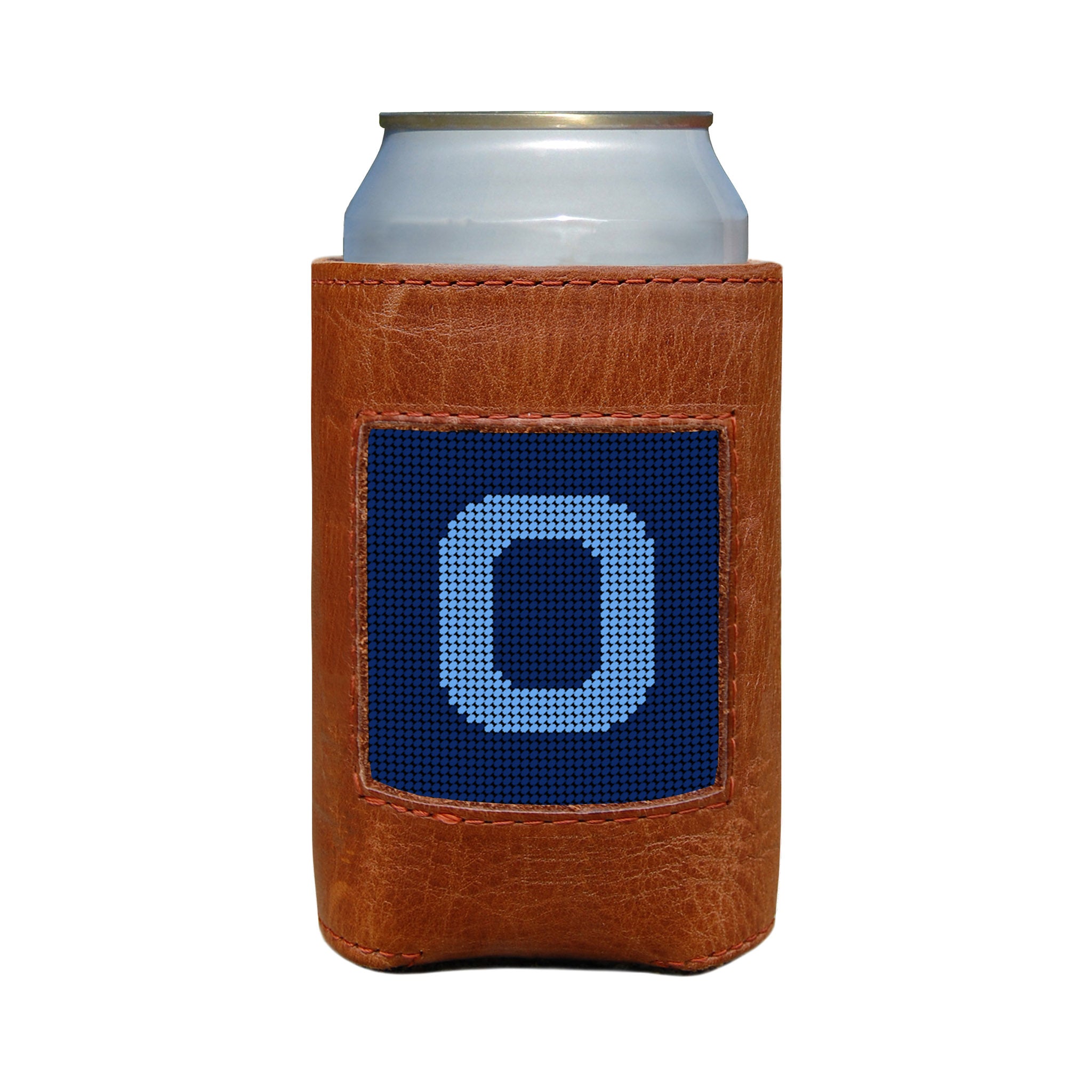 Classic navy and cornflower blue can cooler with the Murphy script letter “O” monogram and white stitching.