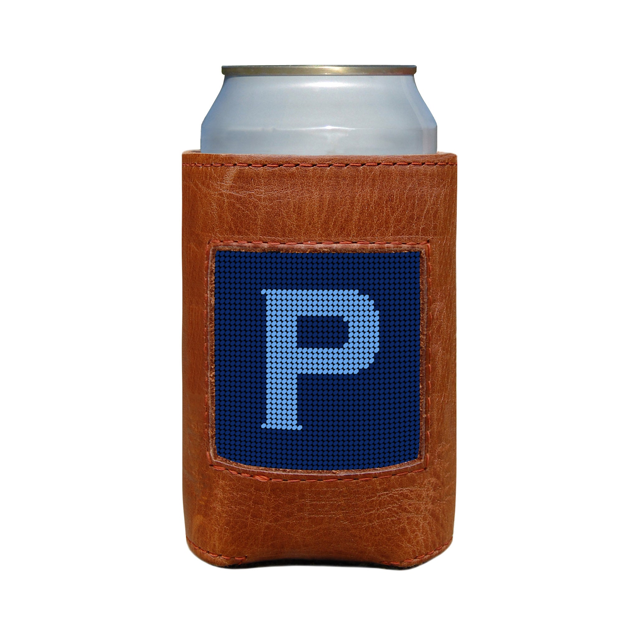 Classic navy and cornflower blue can cooler with the Murphy script letter “P” monogram and white stitching.