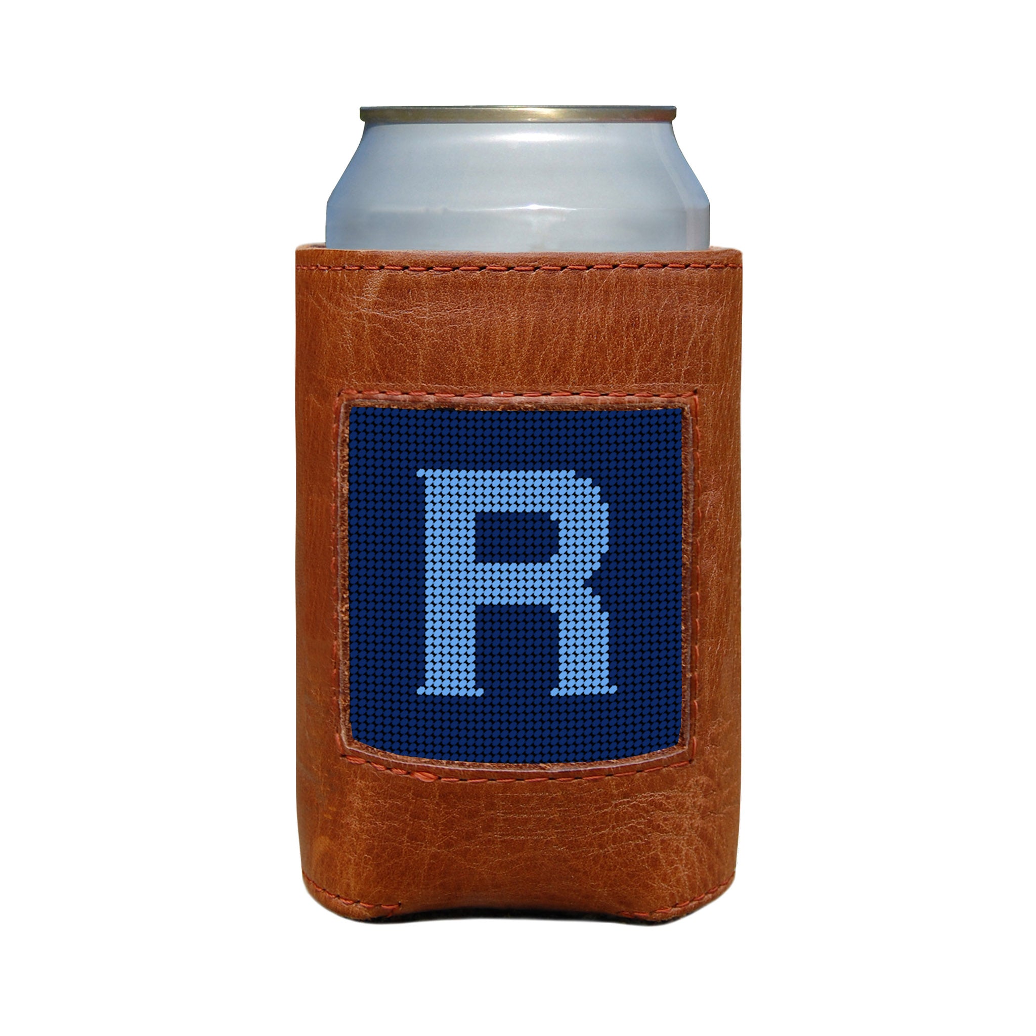 Classic navy and cornflower blue can cooler with the Murphy script letter “R” monogram and white stitching.