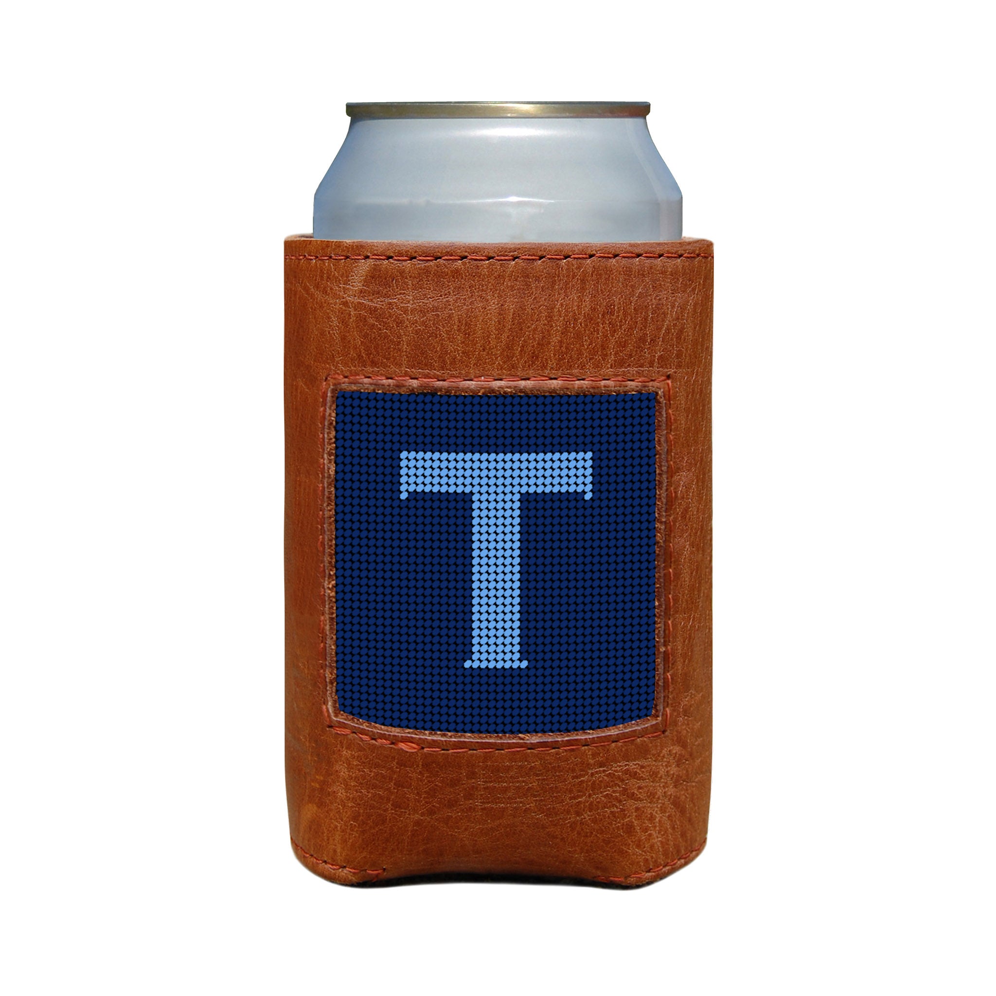 Classic navy and cornflower blue can cooler with the Murphy script letter “T” monogram and white stitching.
