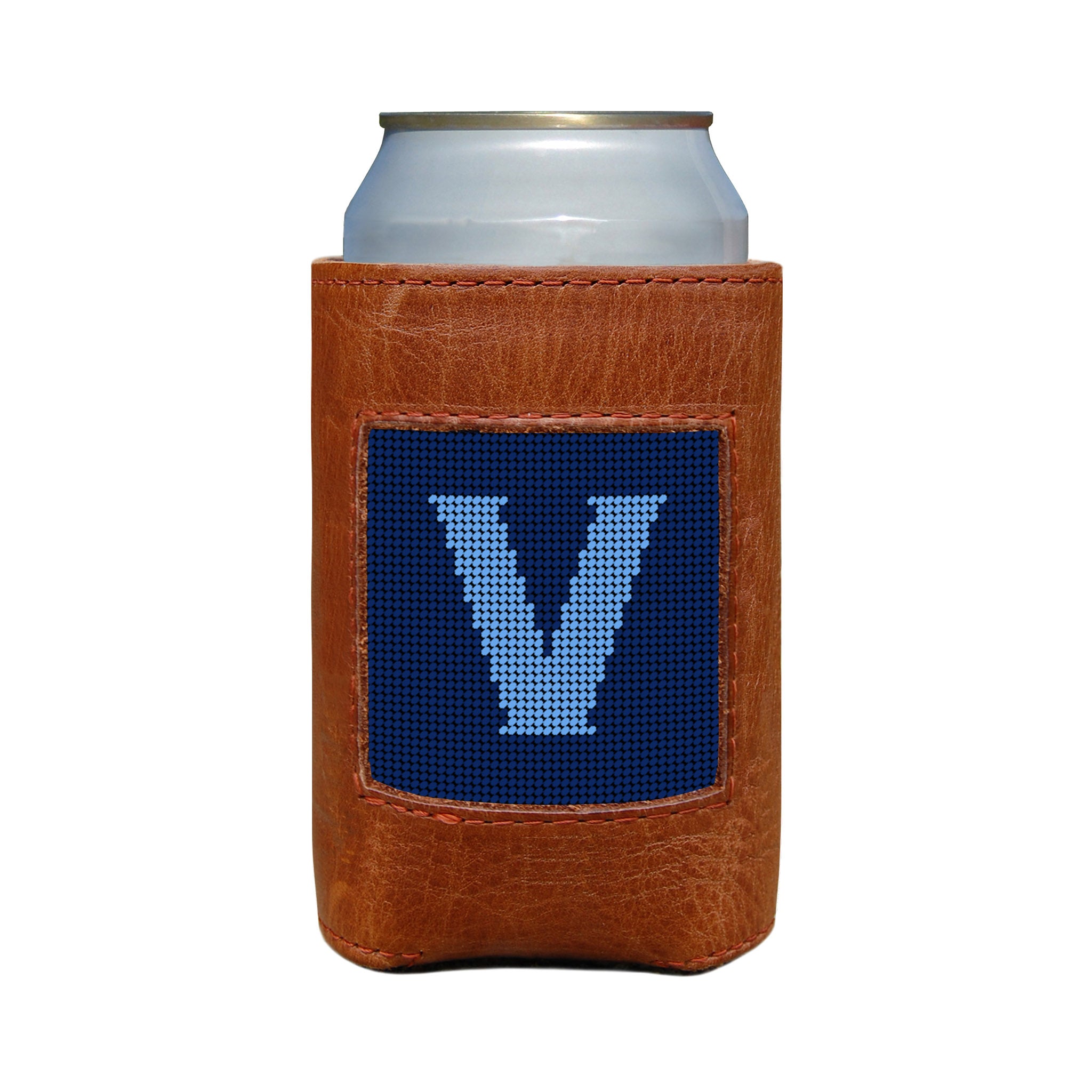 Classic navy and cornflower blue can cooler with the Murphy script letter “V” monogram and white stitching.