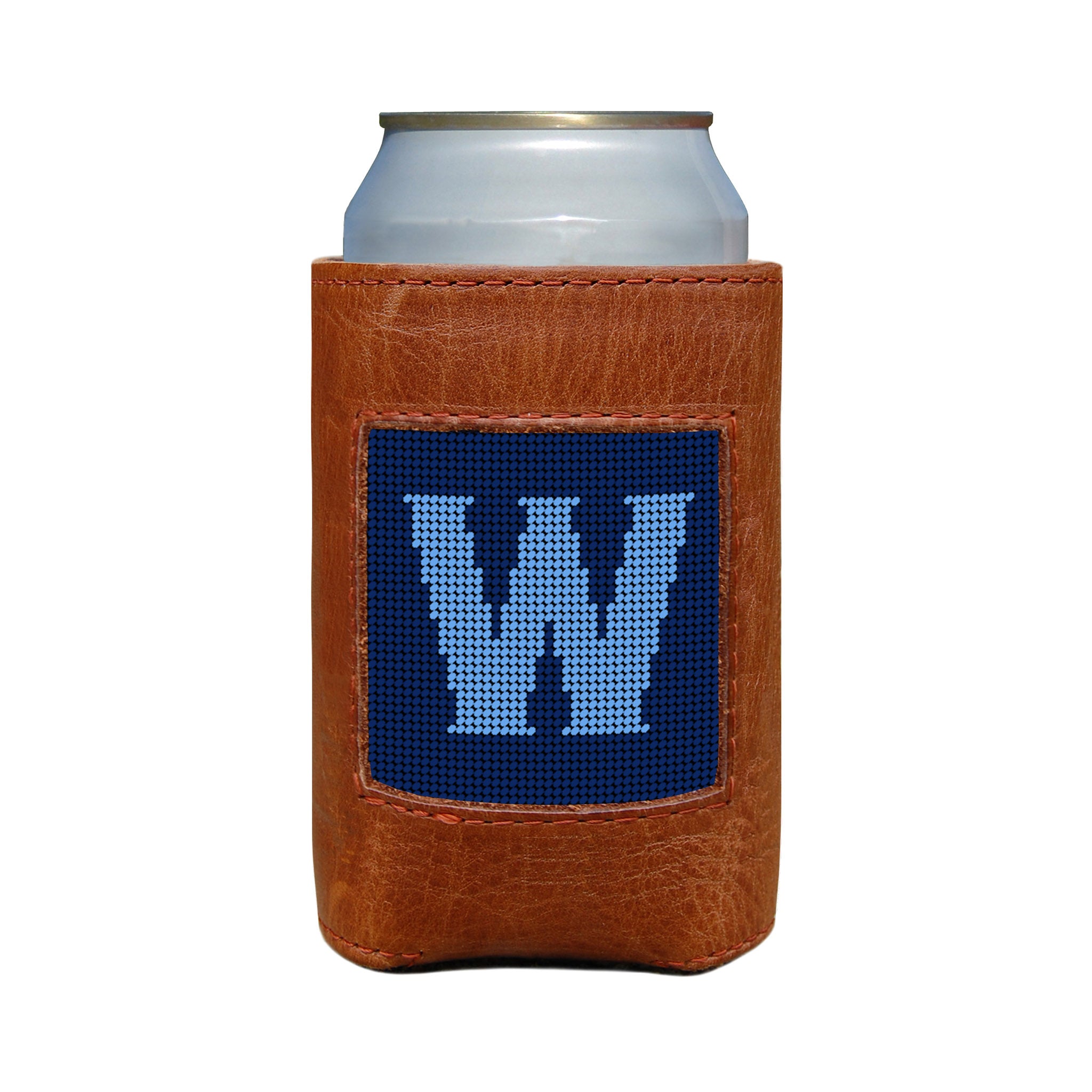 Classic navy and cornflower blue can cooler with the Murphy script letter “W” monogram and white stitching.