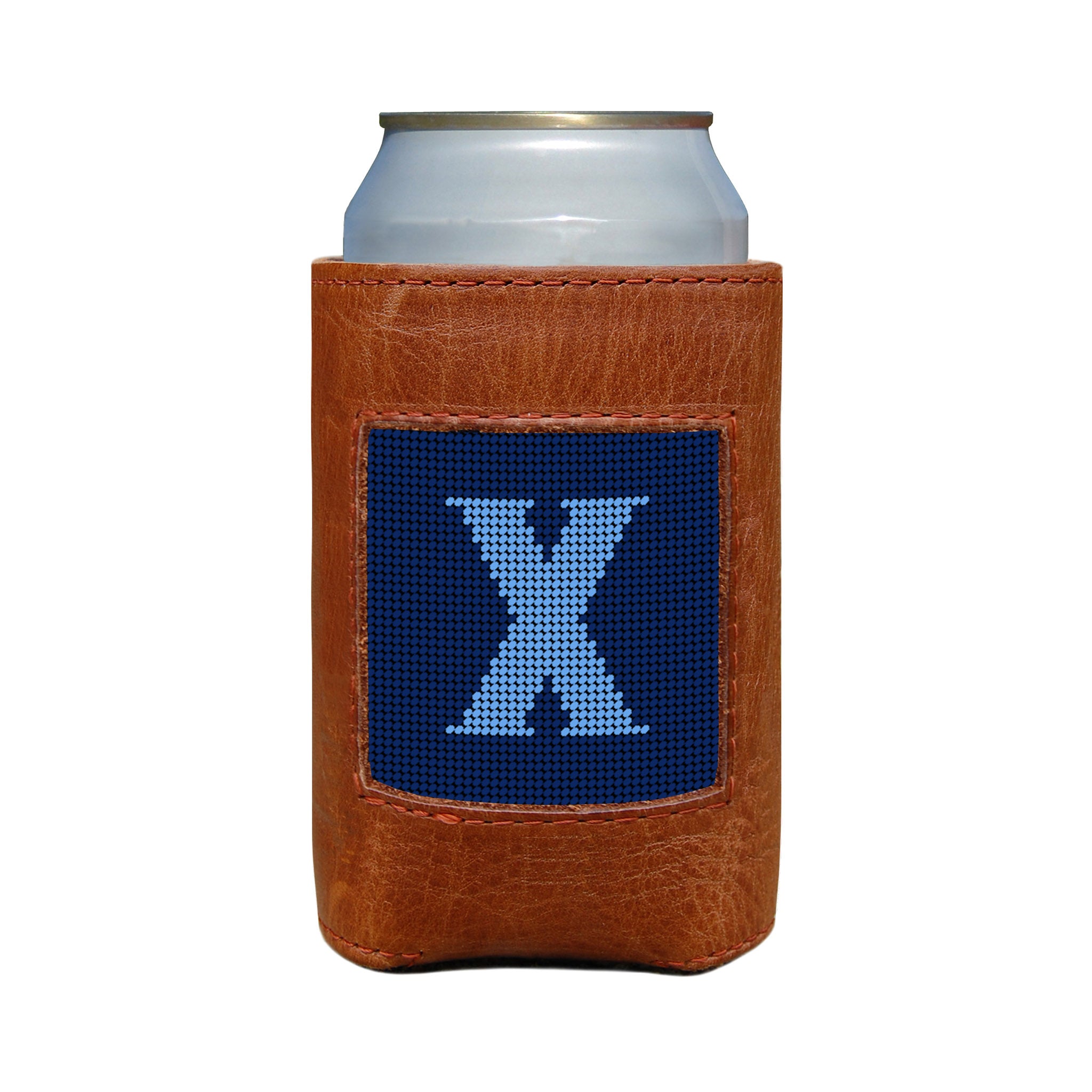 Classic navy and cornflower blue can cooler with the Murphy script letter “X” monogram and white stitching.