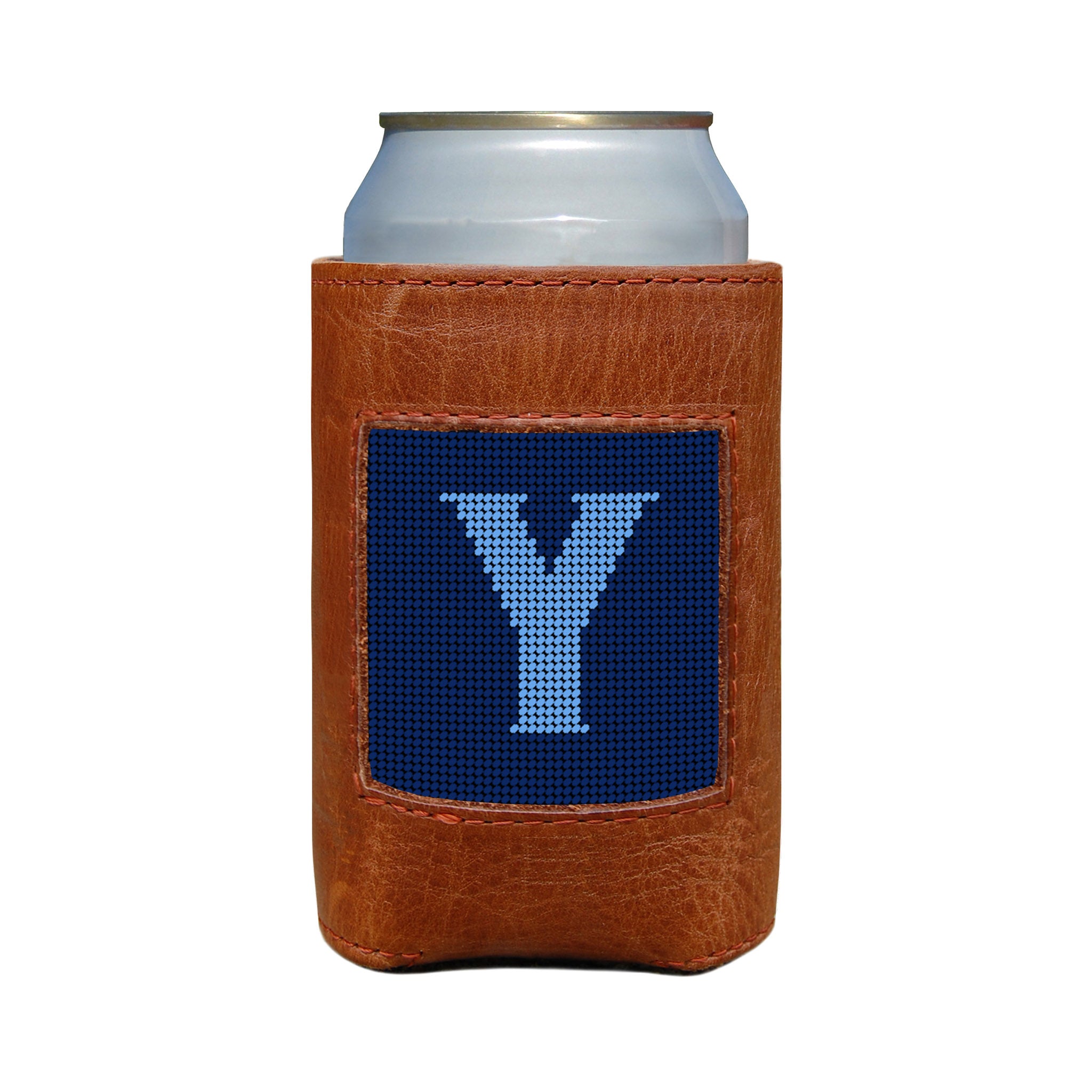 Classic navy and cornflower blue can cooler with the Murphy script letter “Y” monogram and white stitching.