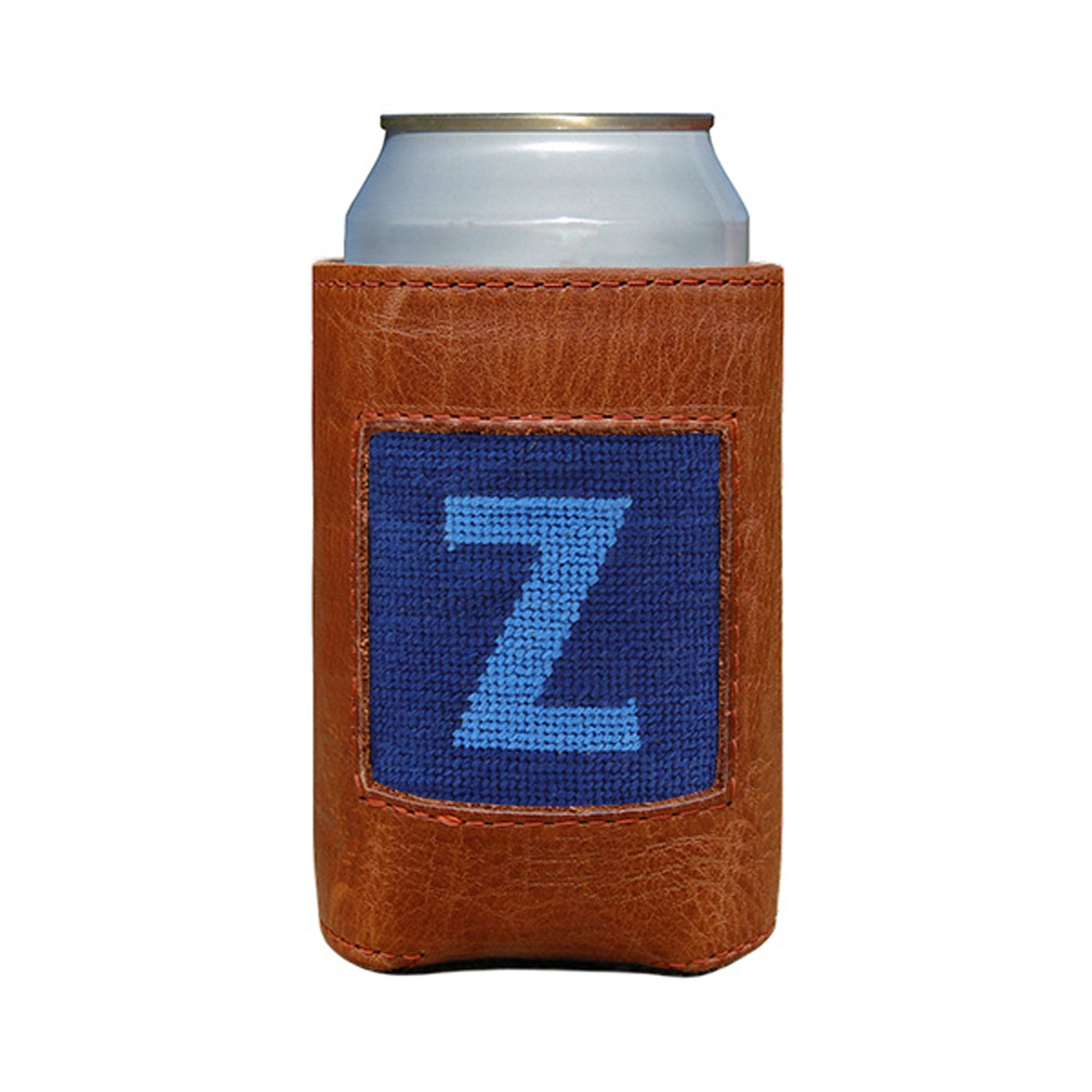 Classic navy and cornflower blue can cooler with the Murphy script letter “Z” monogram and white stitching.