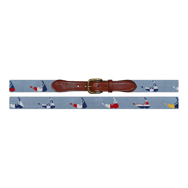 Nautical-themed belt with a brown leather buckle on a white background
