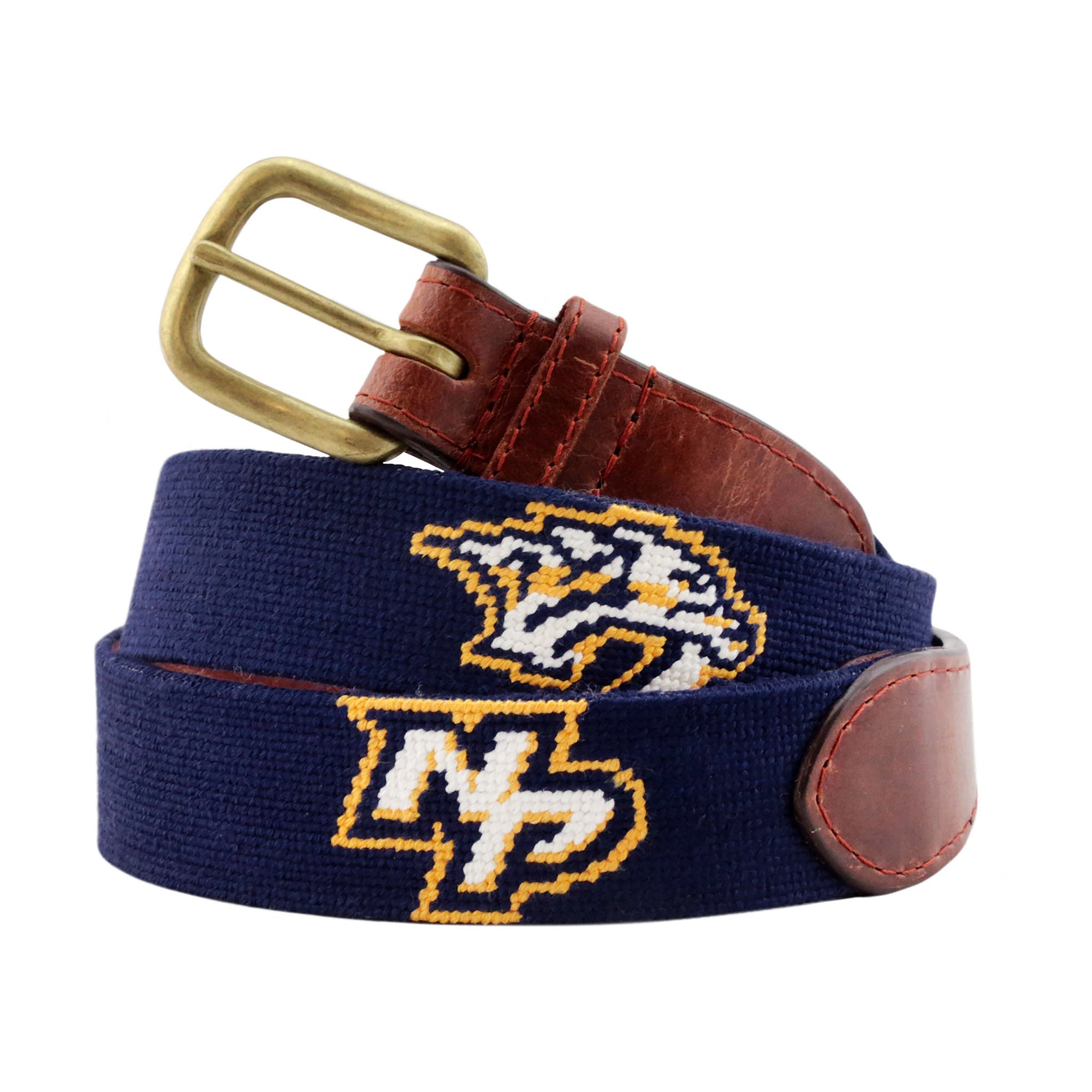 Nashville Predators Needlepoint Belt Dark Navy coiled, with brown leather trim and a brass buckle