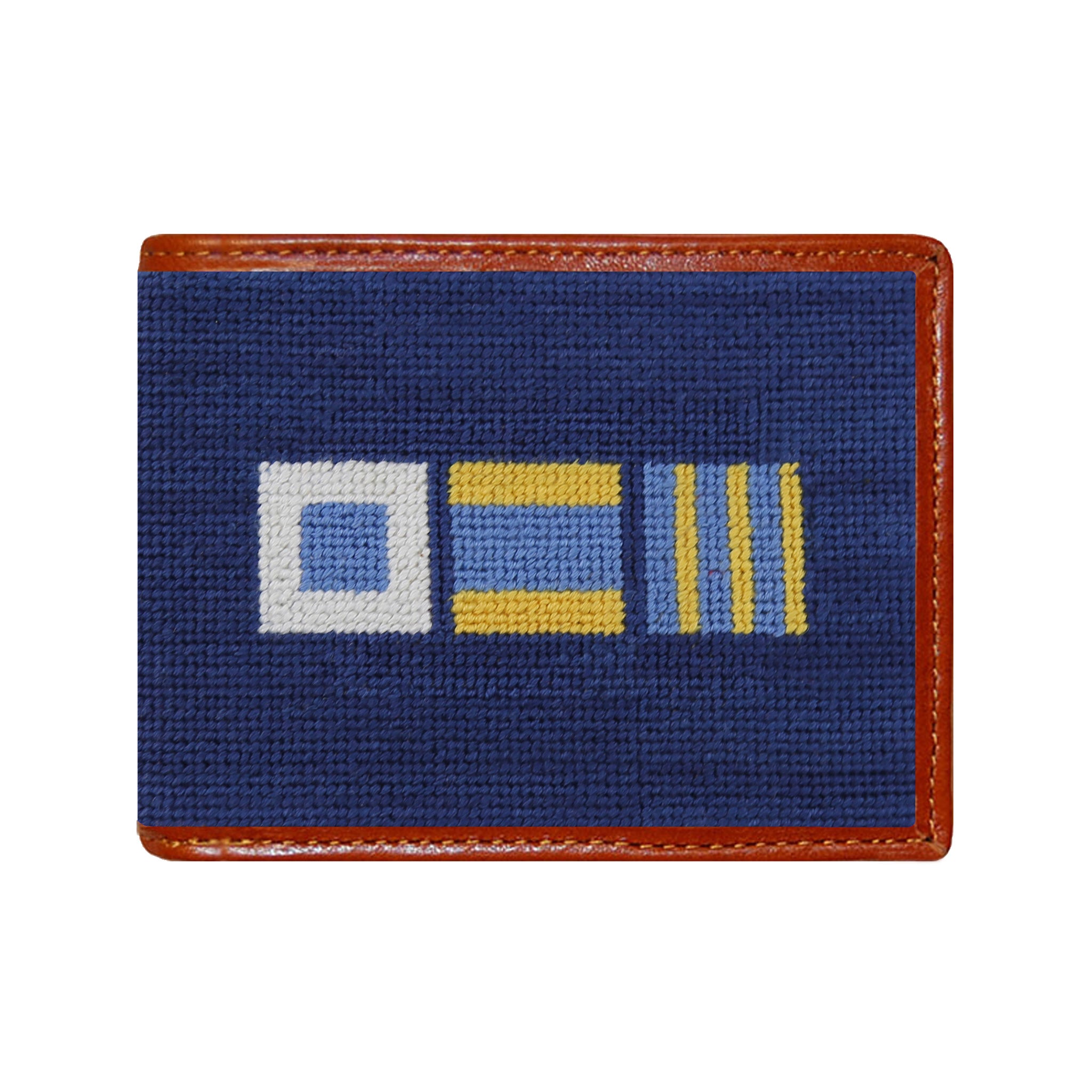 Circle 36 needlepoint card wallet in dark navy and light blue with Italian leather trim.
