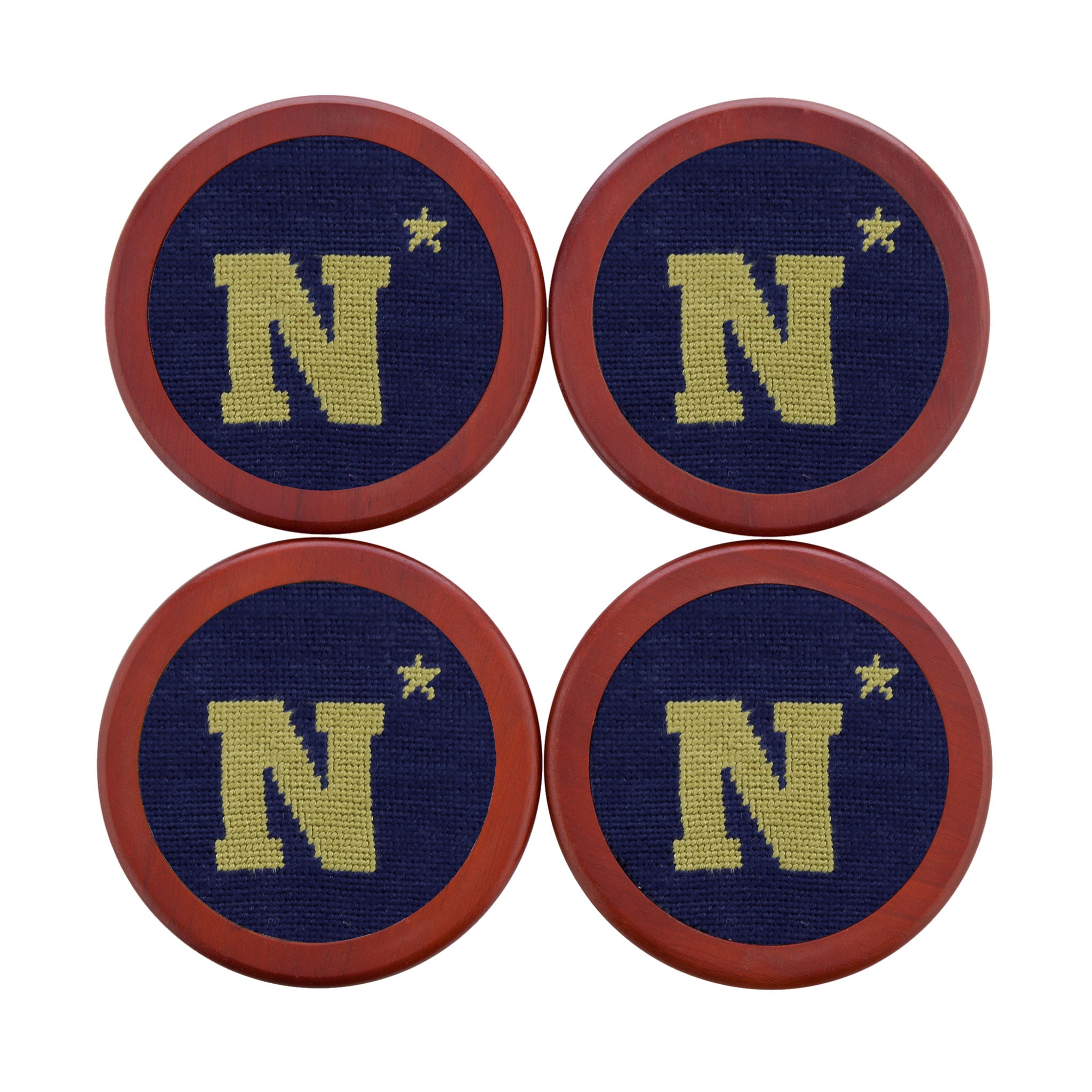 Navy needlepoint coaster set with the gold Navy “N” and star logo, finished with chestnut wood backing.