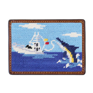 Offshore fishing pattern needlepoint card wallet with Italian leather trim.