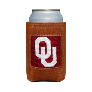 Crimson can cooler with white Oklahoma “OU” logo.