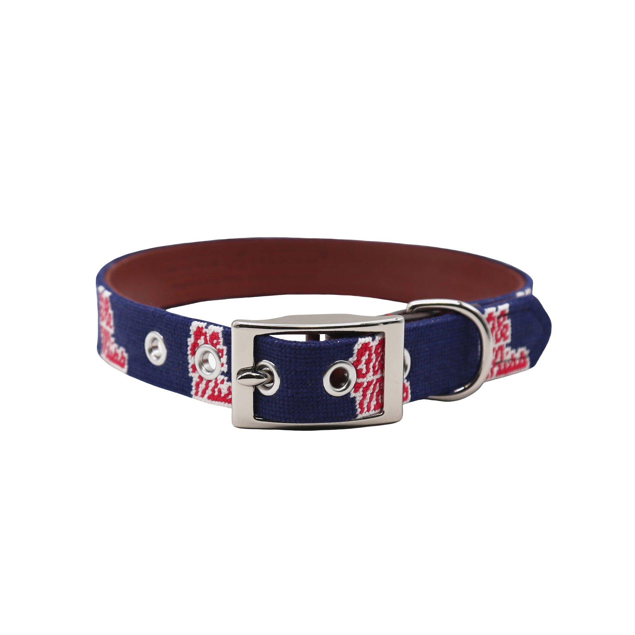 Ole Miss needlepoint dog collar featuring the Ole Miss logo stitched in red, with brown leather backing and durable hardware for secure wear