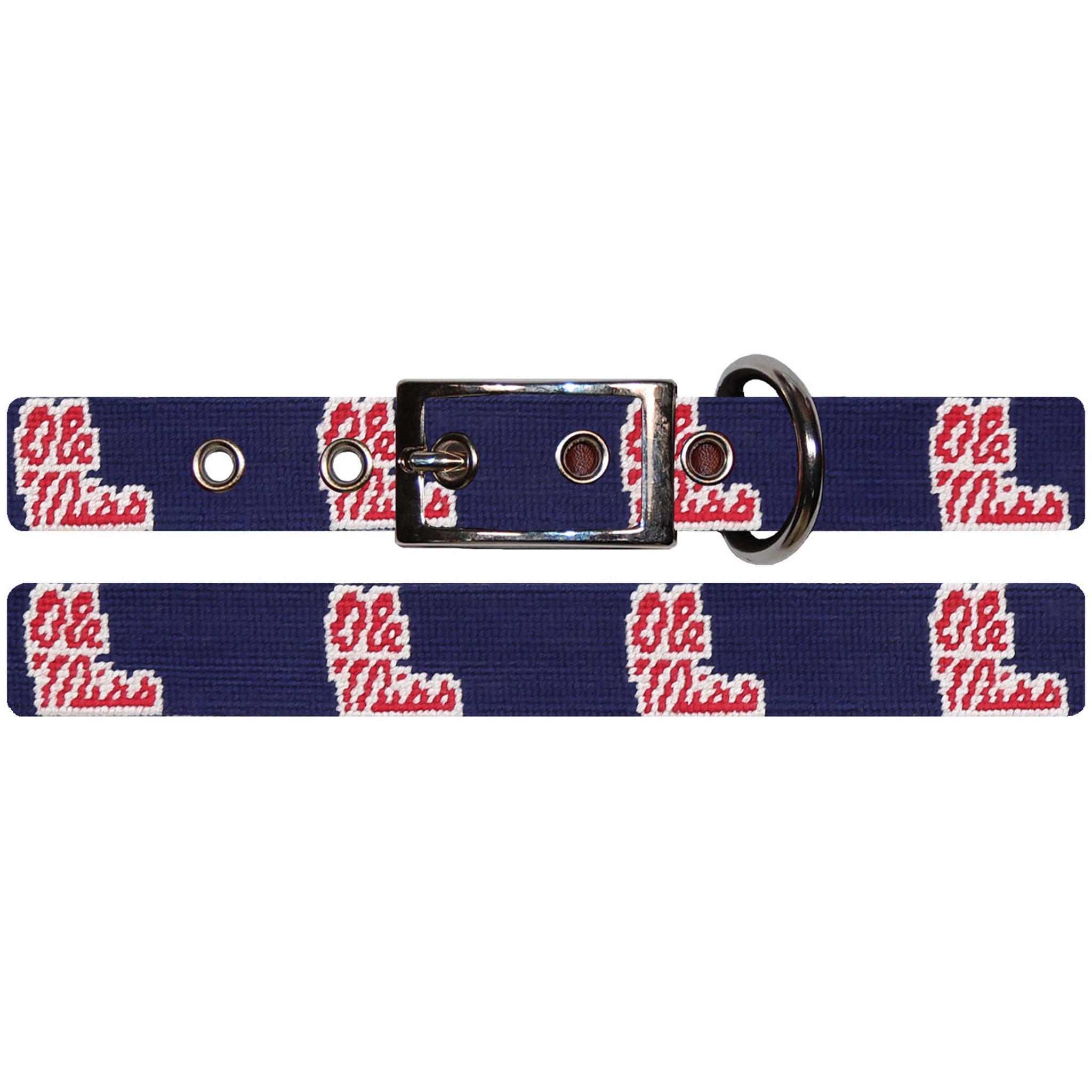 Shows the full length of the collar with detailed needlepoint design and metal buckle.