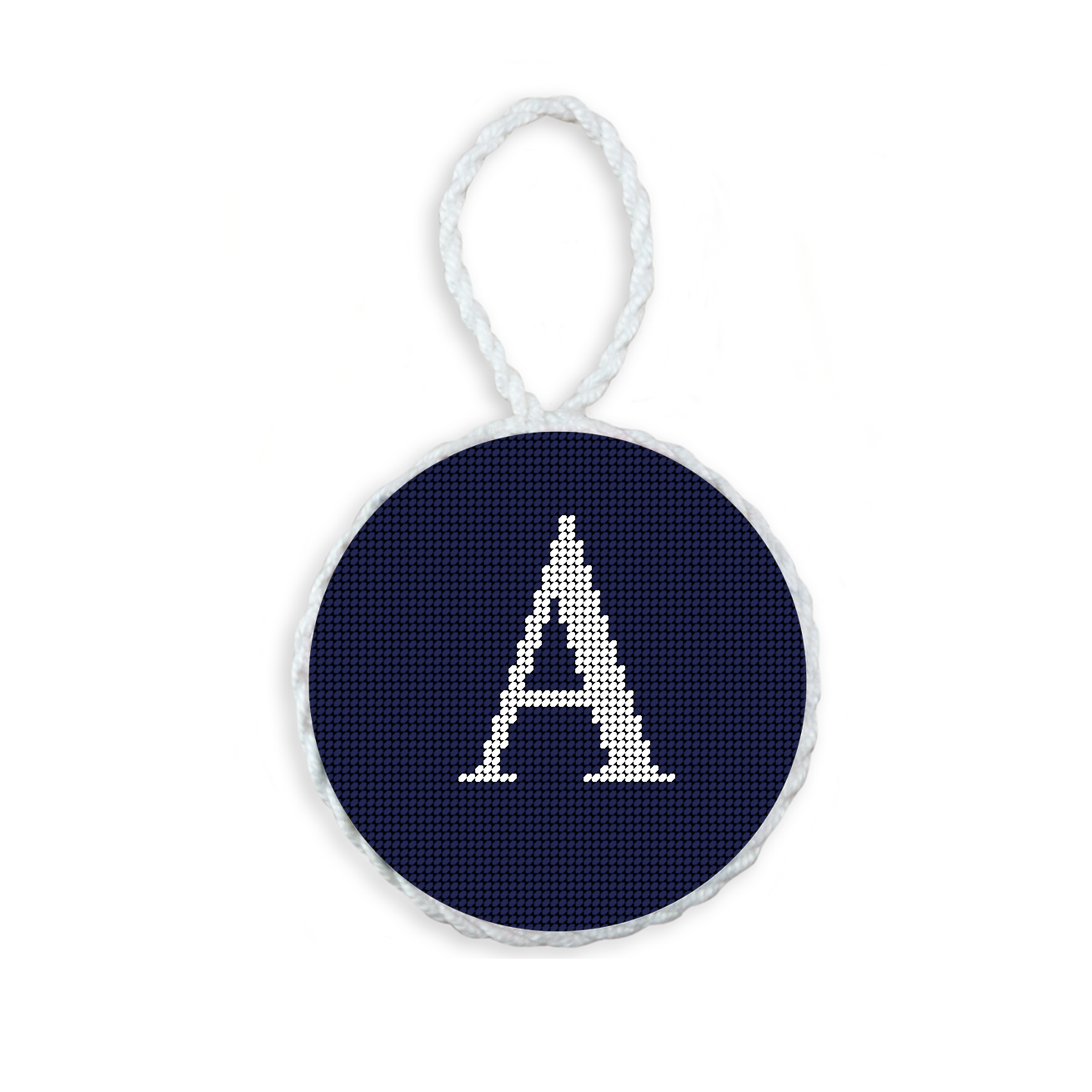 Dark Navy needlepoint ornament featuring a white large embroidered letter above a custom date, framed with decorative stitching and finished with a festive hanging loop.