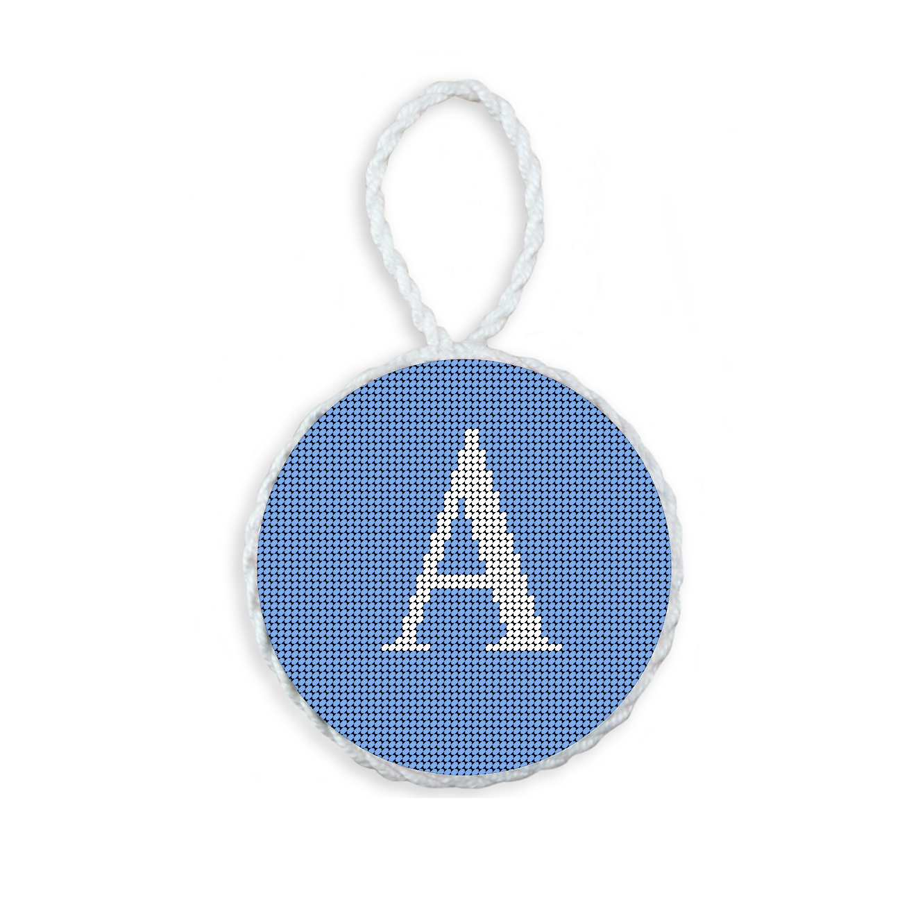 Baby Blue needlepoint ornament featuring a white large embroidered letter above a custom date, framed with decorative stitching and finished with a festive hanging loop.
