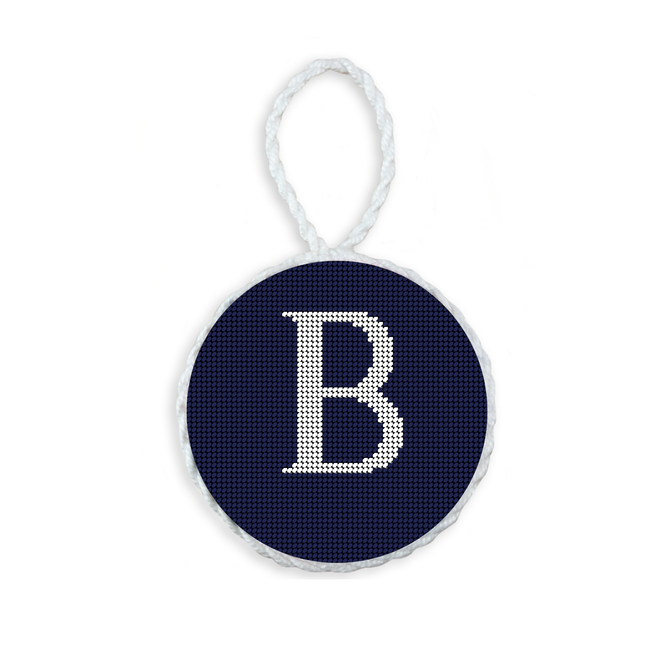 Dark Navy needlepoint ornament featuring a white large embroidered letter above a custom date, framed with decorative stitching and finished with a festive hanging loop.