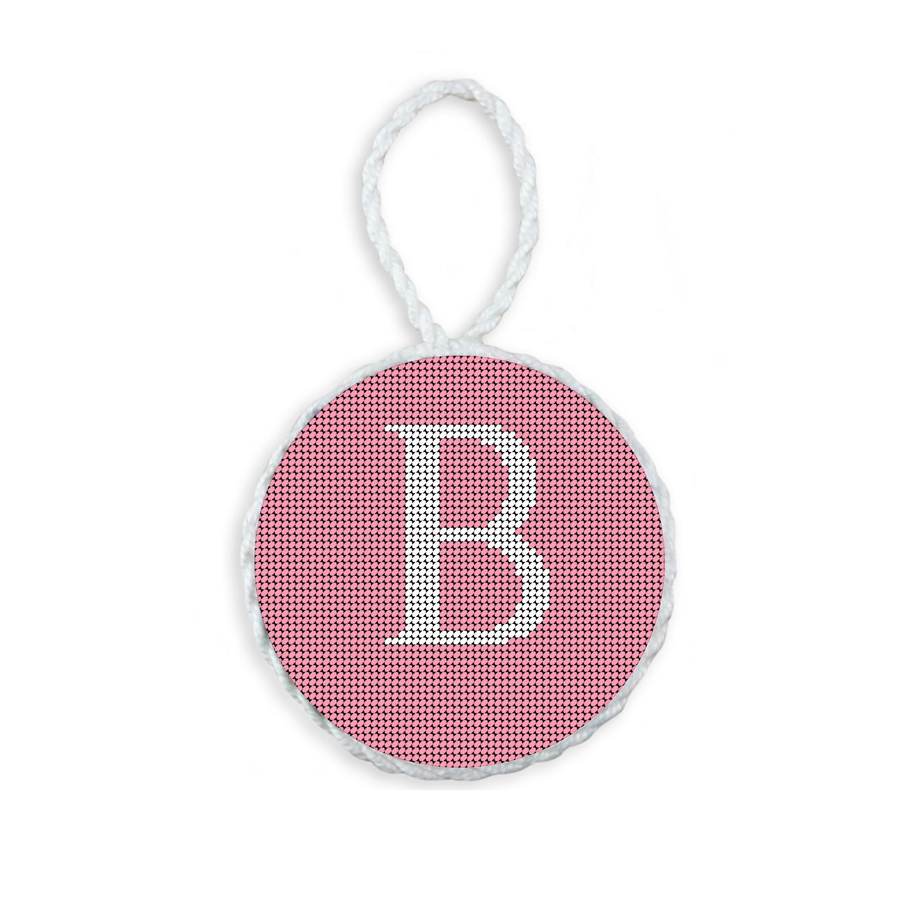 Pink needlepoint ornament featuring a white large embroidered letter above a custom date, framed with decorative stitching and finished with a festive hanging loop.