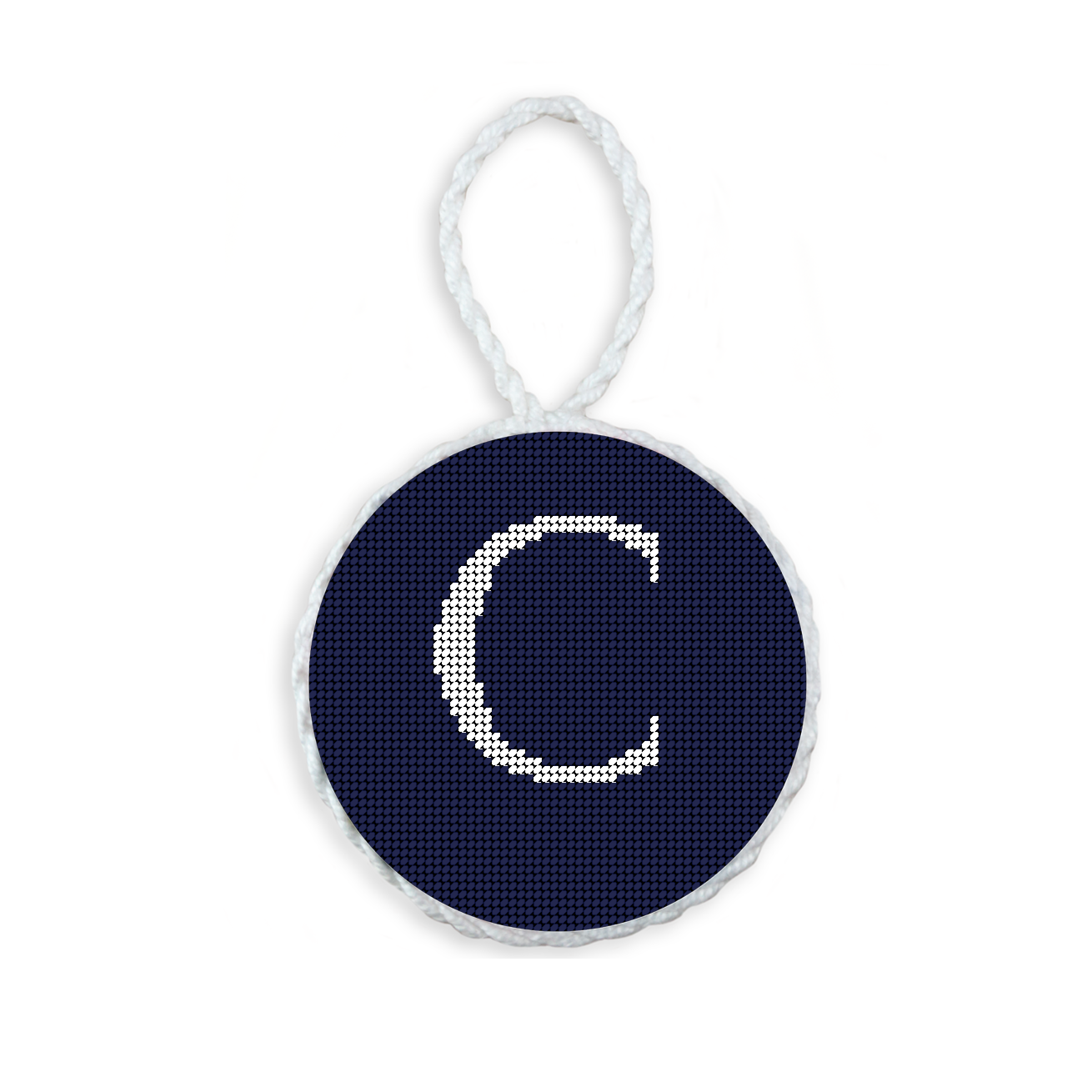 Dark Navy needlepoint ornament featuring a white large embroidered letter above a custom date, framed with decorative stitching and finished with a festive hanging loop.