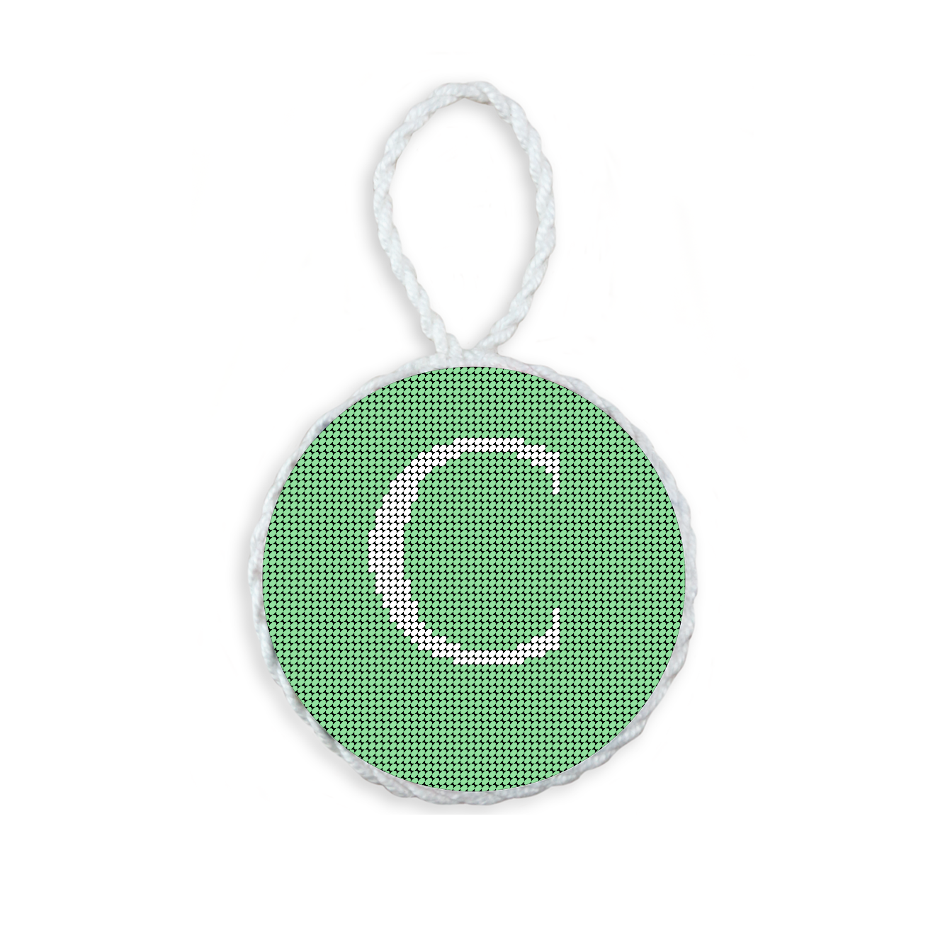 Mint needlepoint ornament featuring a white large embroidered letter above a custom date, framed with decorative stitching and finished with a festive hanging loop.