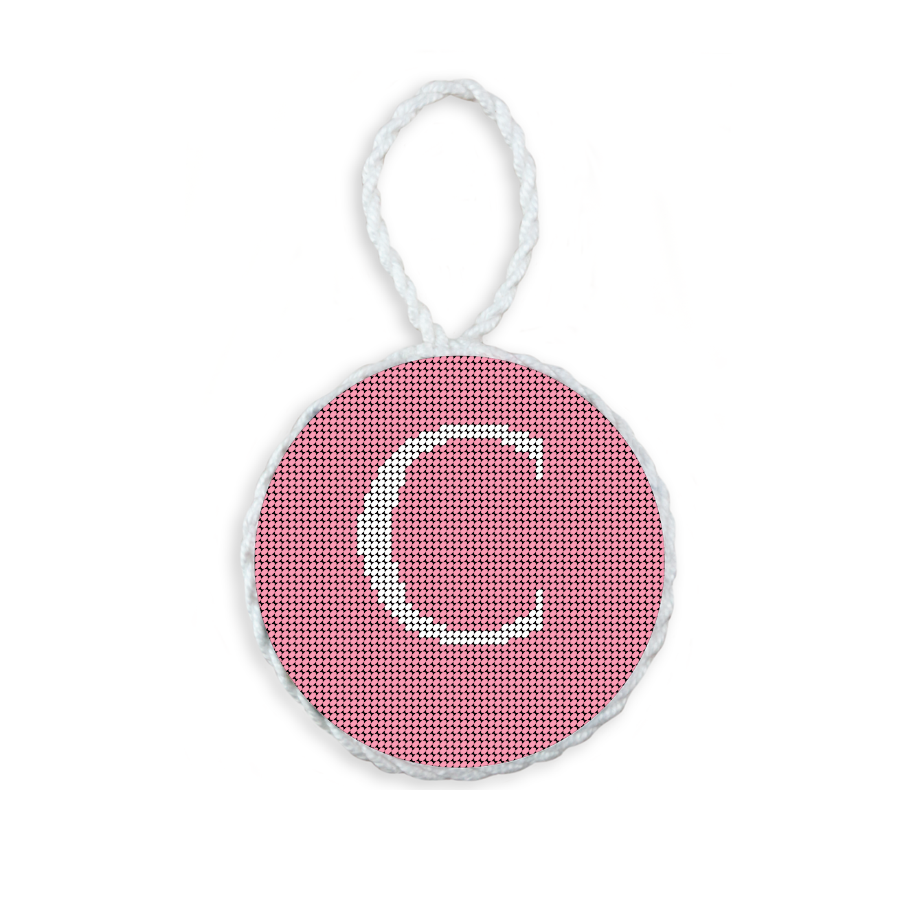 Pink needlepoint ornament featuring a white large embroidered letter above a custom date, framed with decorative stitching and finished with a festive hanging loop.