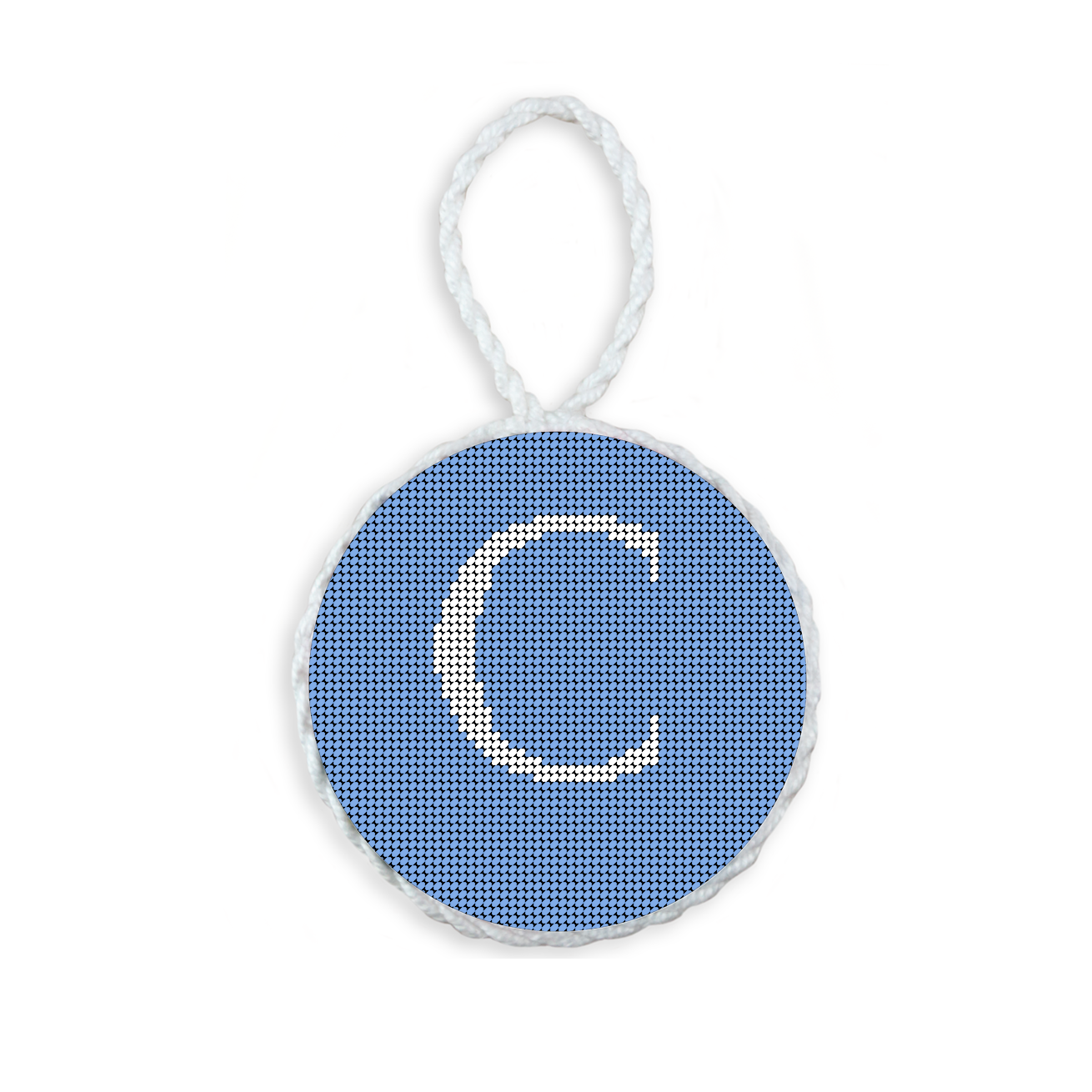 Baby Blue needlepoint ornament featuring a white large embroidered letter above a custom date, framed with decorative stitching and finished with a festive hanging loop.
