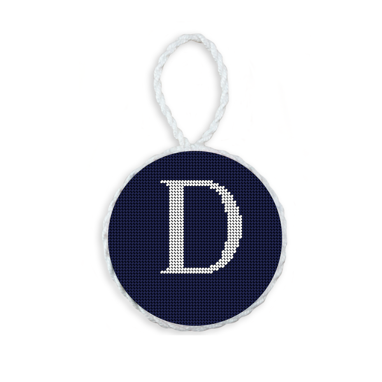 Dark Navy needlepoint ornament featuring a white large embroidered letter above a custom date, framed with decorative stitching and finished with a festive hanging loop.