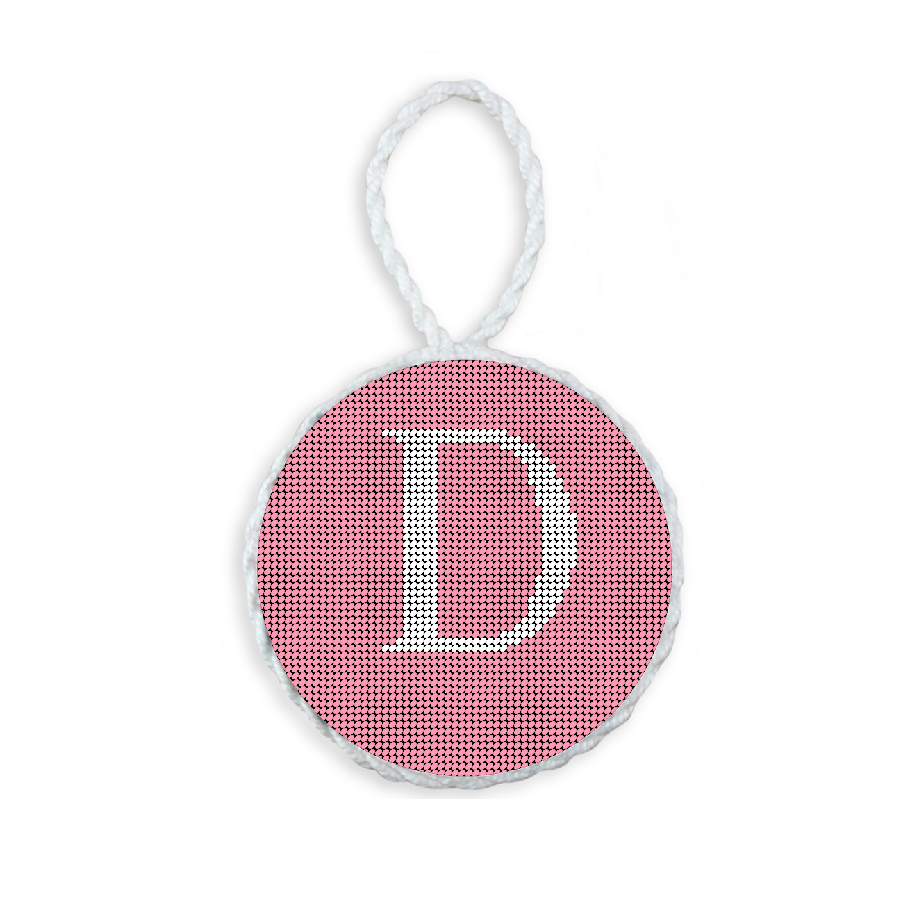 Pink needlepoint ornament featuring a white large embroidered letter above a custom date, framed with decorative stitching and finished with a festive hanging loop.