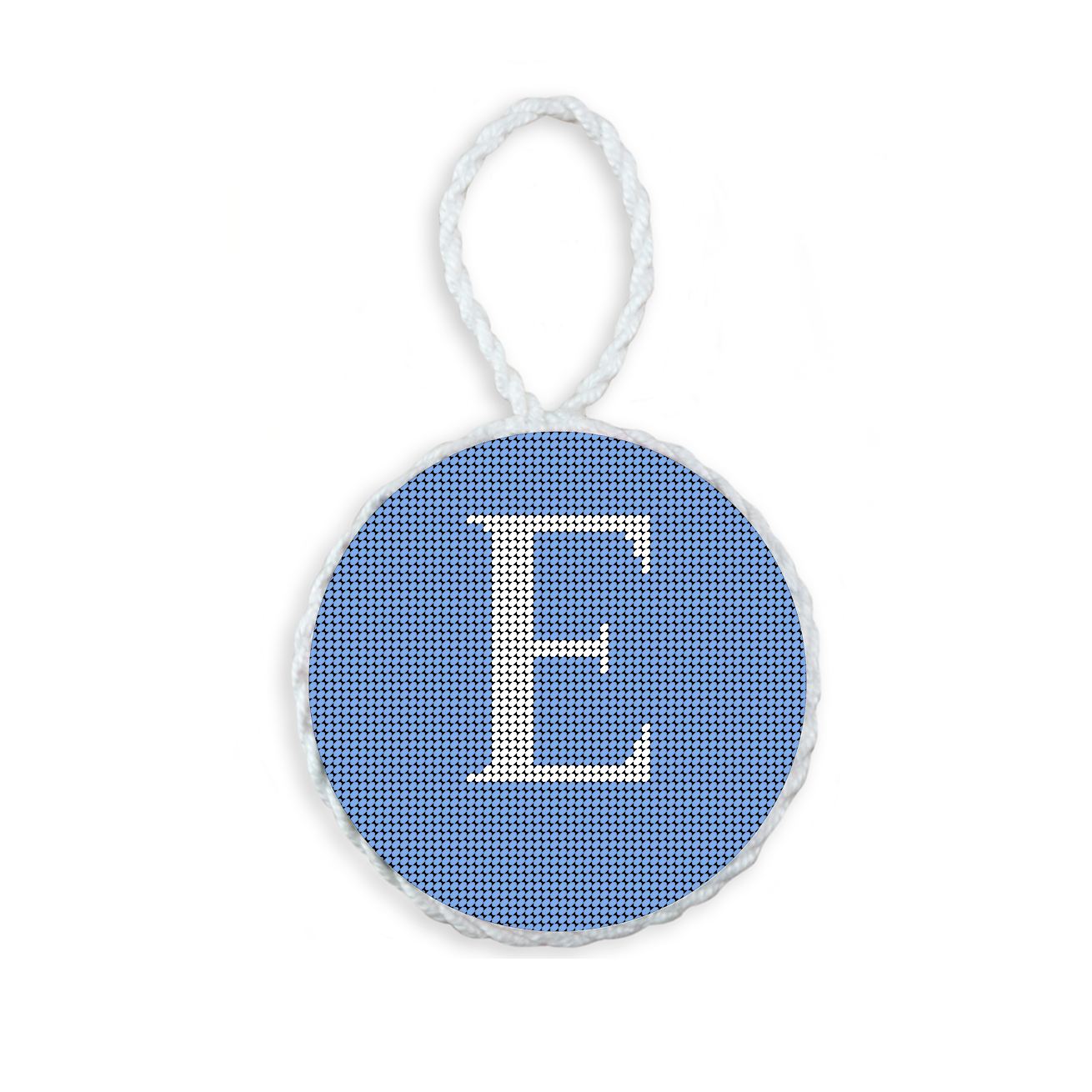 Baby Blue needlepoint ornament featuring a white large embroidered letter above a custom date, framed with decorative stitching and finished with a festive hanging loop.