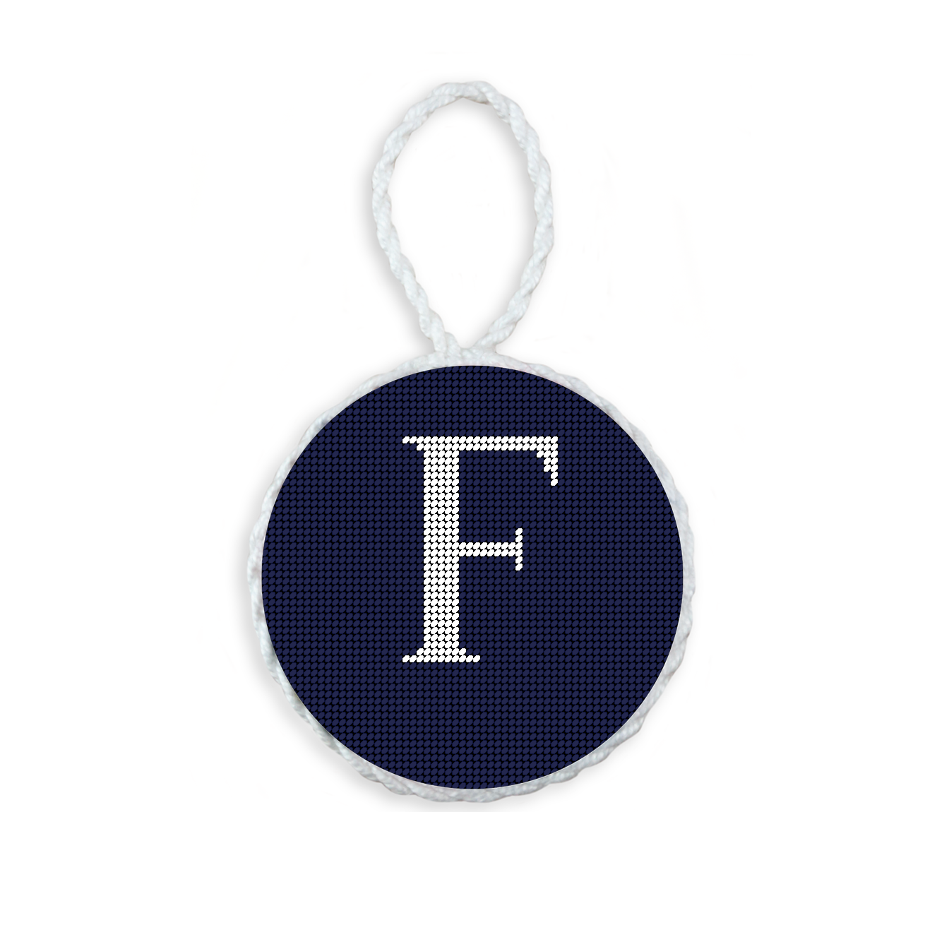 Dark Navy needlepoint ornament featuring a white large embroidered letter above a custom date, framed with decorative stitching and finished with a festive hanging loop.