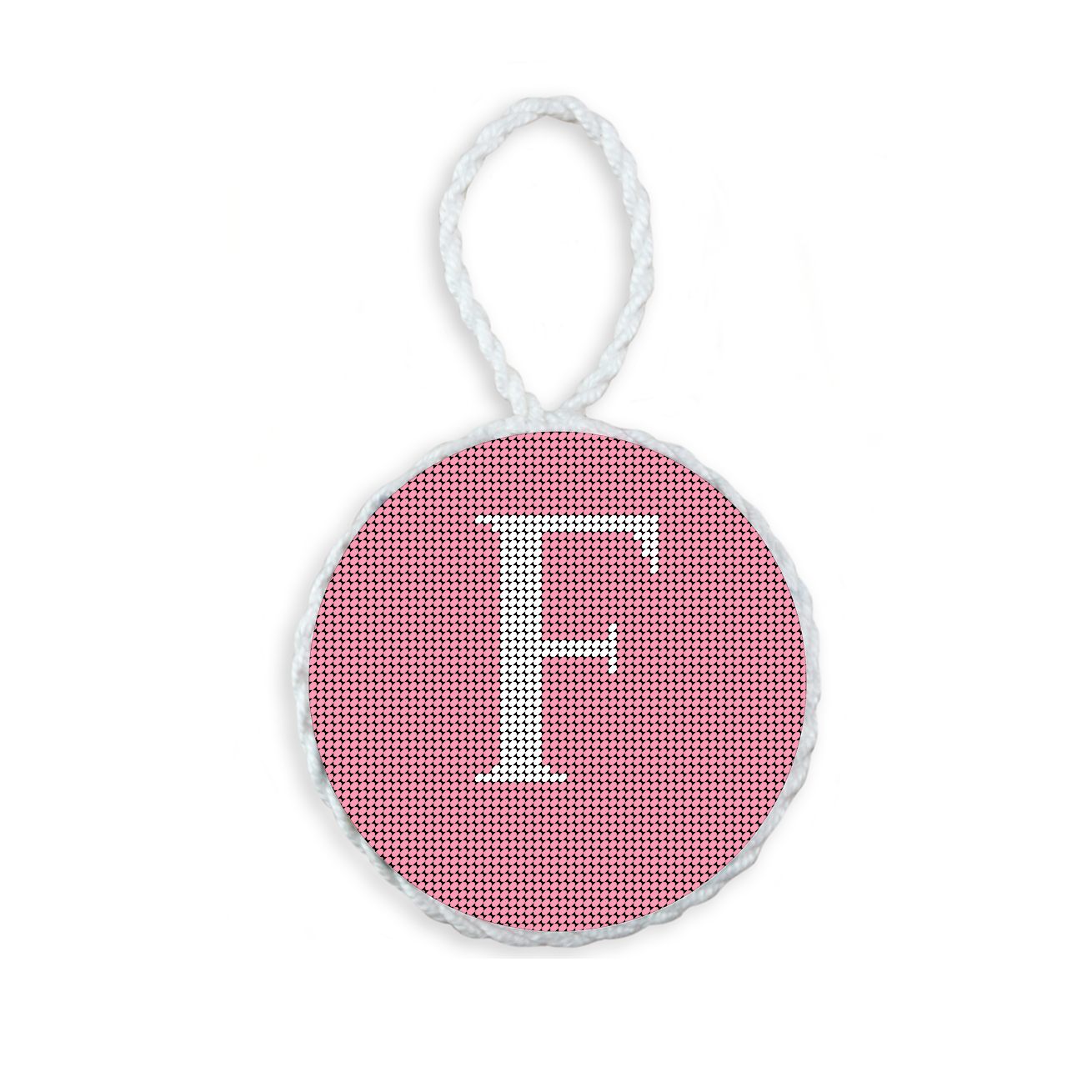 Pink needlepoint ornament featuring a white large embroidered letter above a custom date, framed with decorative stitching and finished with a festive hanging loop.
