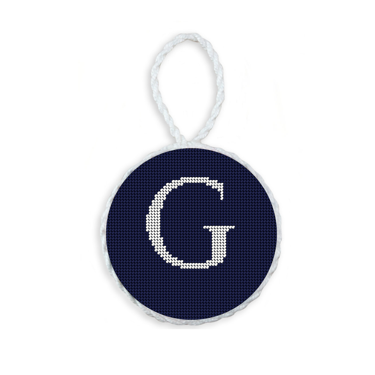 Dark Navy needlepoint ornament featuring a white large embroidered letter above a custom date, framed with decorative stitching and finished with a festive hanging loop.