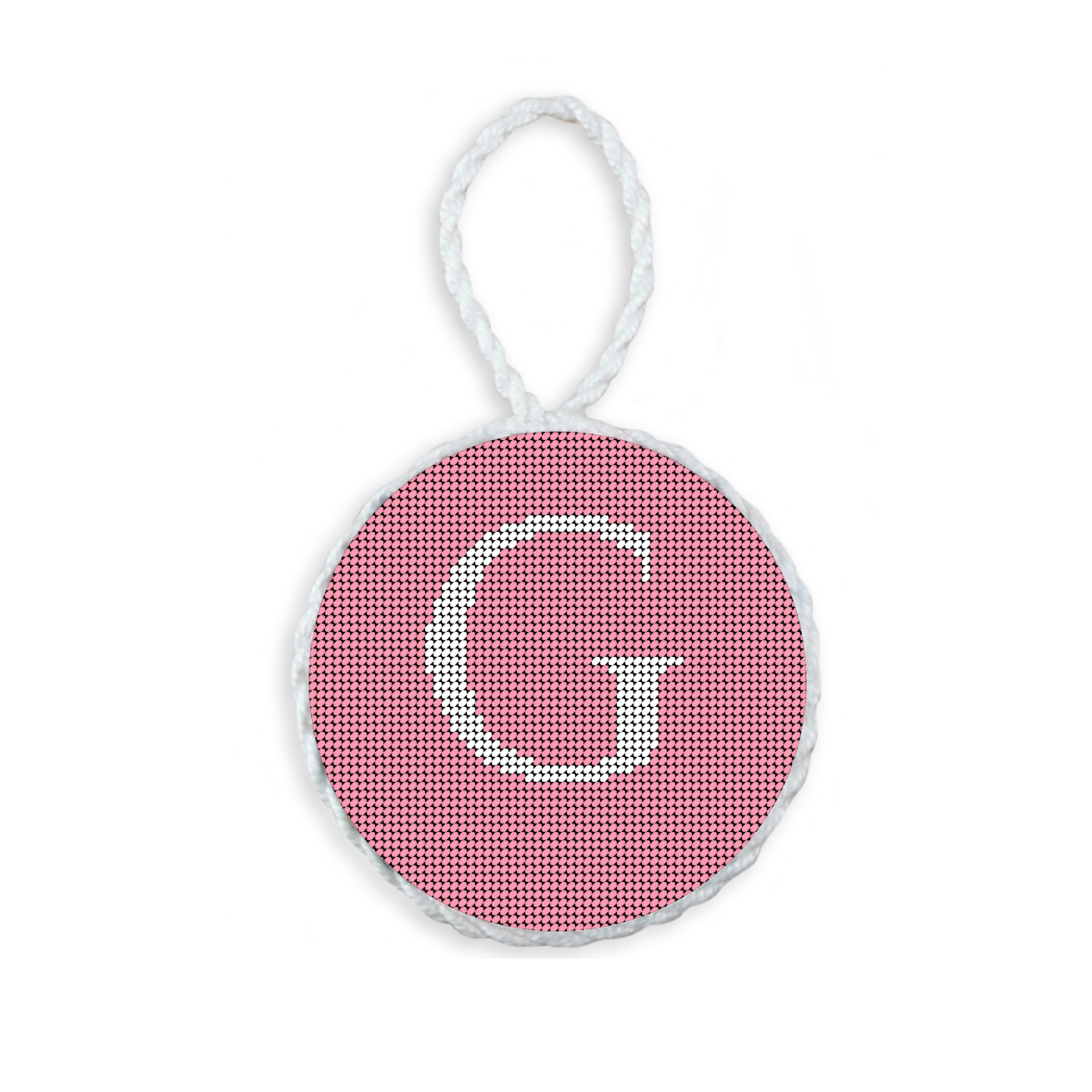 Pink needlepoint ornament featuring a white large embroidered letter above a custom date, framed with decorative stitching and finished with a festive hanging loop.