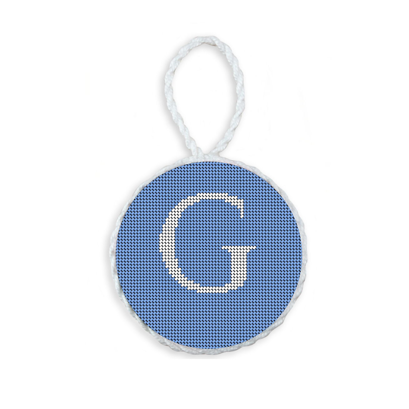 Baby Blue needlepoint ornament featuring a white large embroidered letter above a custom date, framed with decorative stitching and finished with a festive hanging loop.