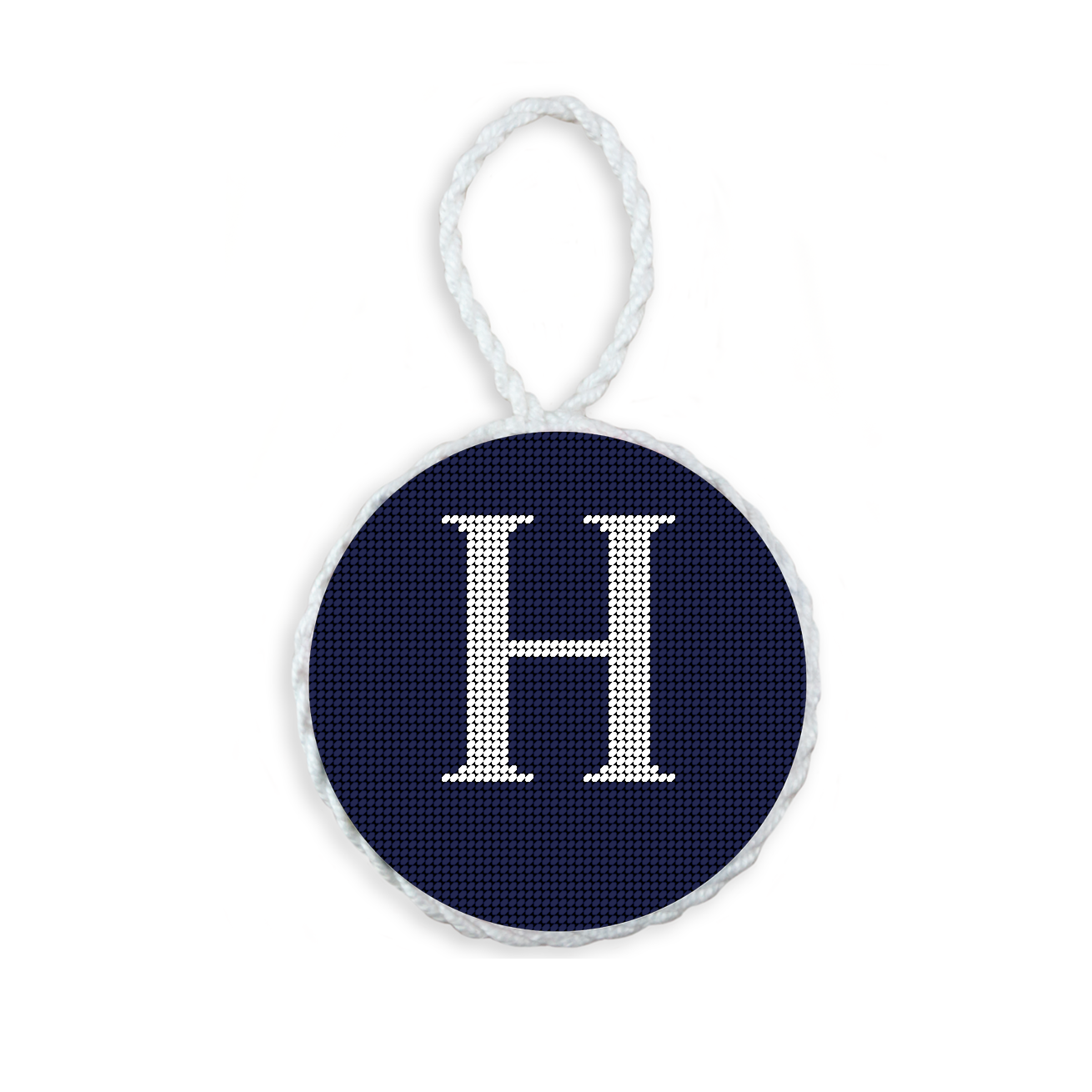 Dark Navy needlepoint ornament featuring a white large embroidered letter above a custom date, framed with decorative stitching and finished with a festive hanging loop.