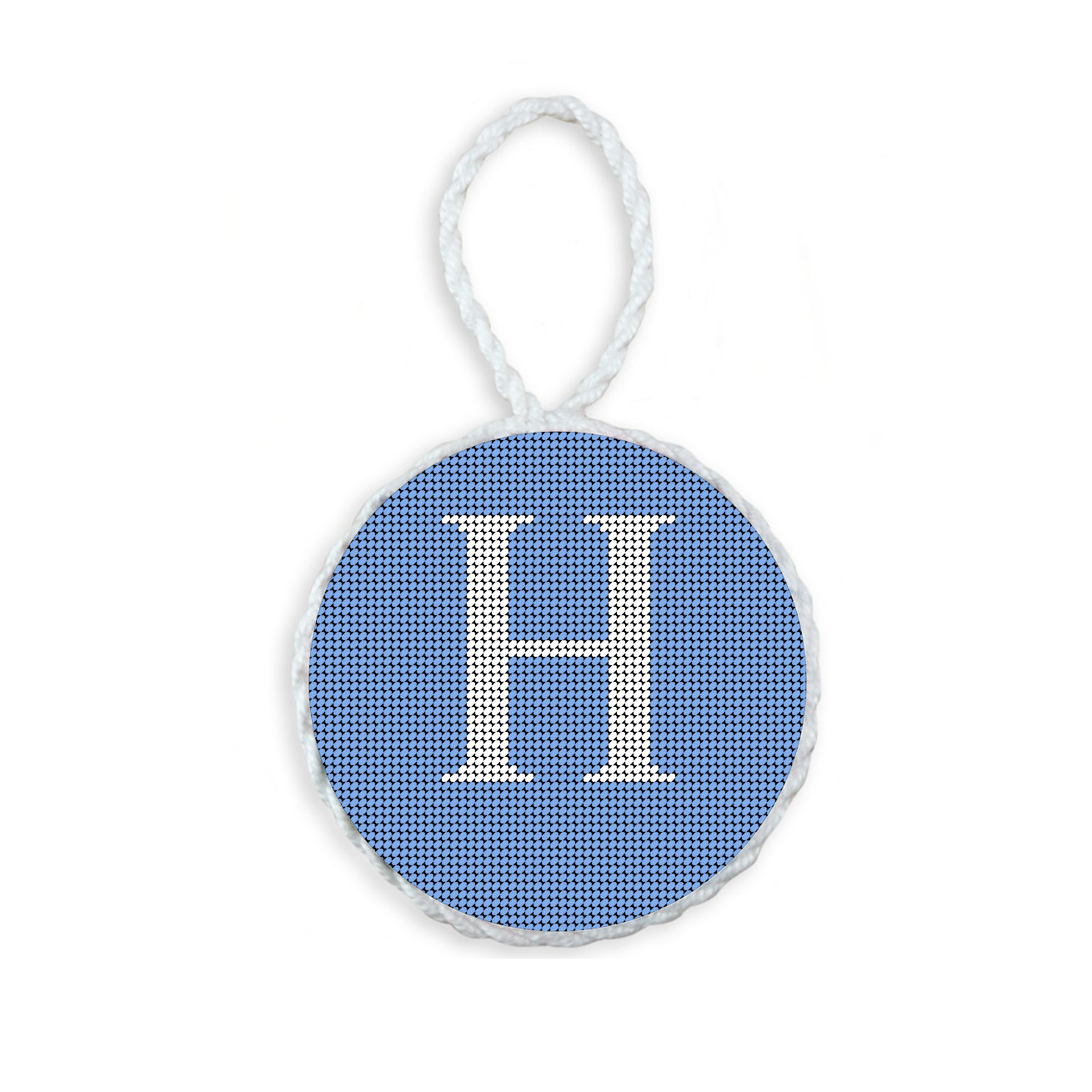Baby Blue needlepoint ornament featuring a white large embroidered letter above a custom date, framed with decorative stitching and finished with a festive hanging loop.