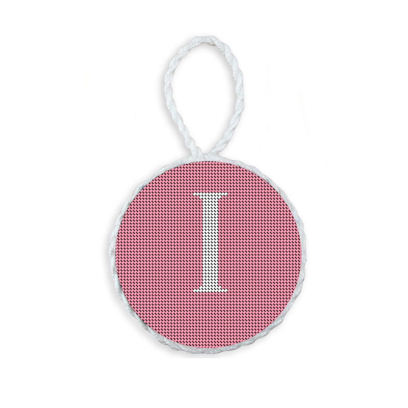 Pink needlepoint ornament featuring a white large embroidered letter above a custom date, framed with decorative stitching and finished with a festive hanging loop.