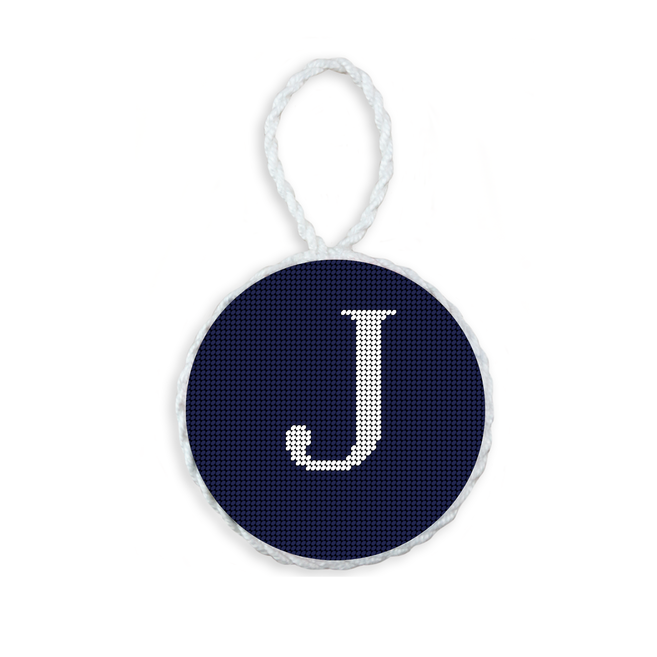 Dark Navy needlepoint ornament featuring a white large embroidered letter above a custom date, framed with decorative stitching and finished with a festive hanging loop.