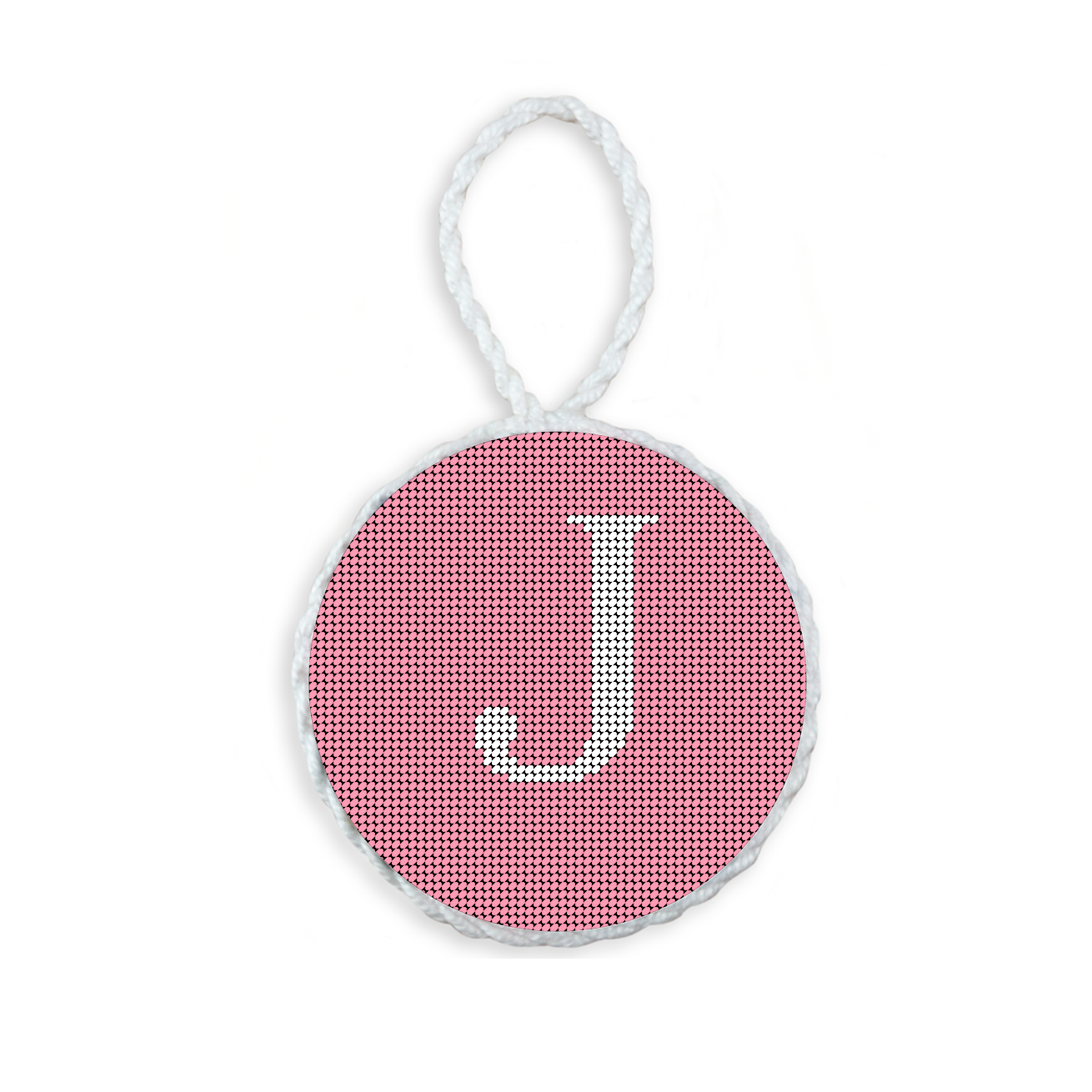 Pink needlepoint ornament featuring a white large embroidered letter above a custom date, framed with decorative stitching and finished with a festive hanging loop.