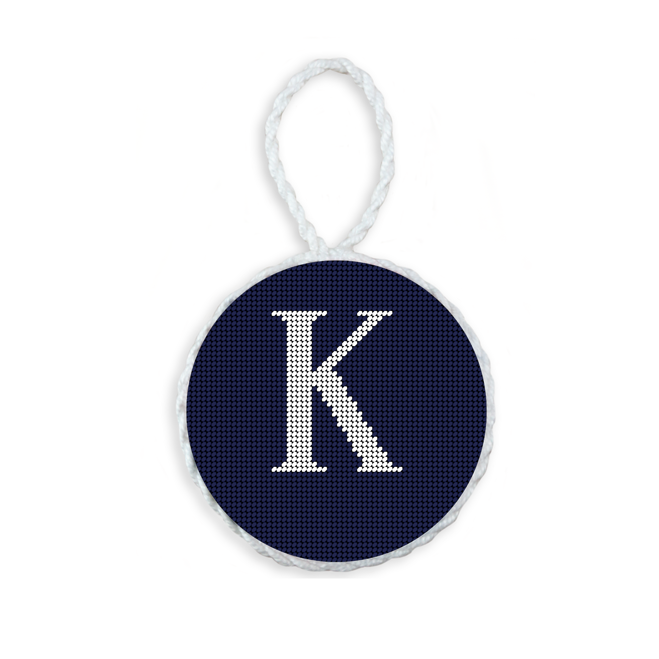 Dark Navy needlepoint ornament featuring a white large embroidered letter above a custom date, framed with decorative stitching and finished with a festive hanging loop.
