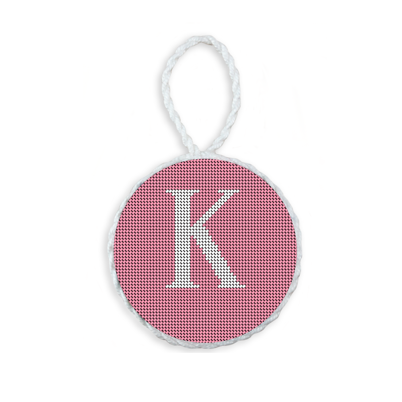 Pink needlepoint ornament featuring a white large embroidered letter above a custom date, framed with decorative stitching and finished with a festive hanging loop.