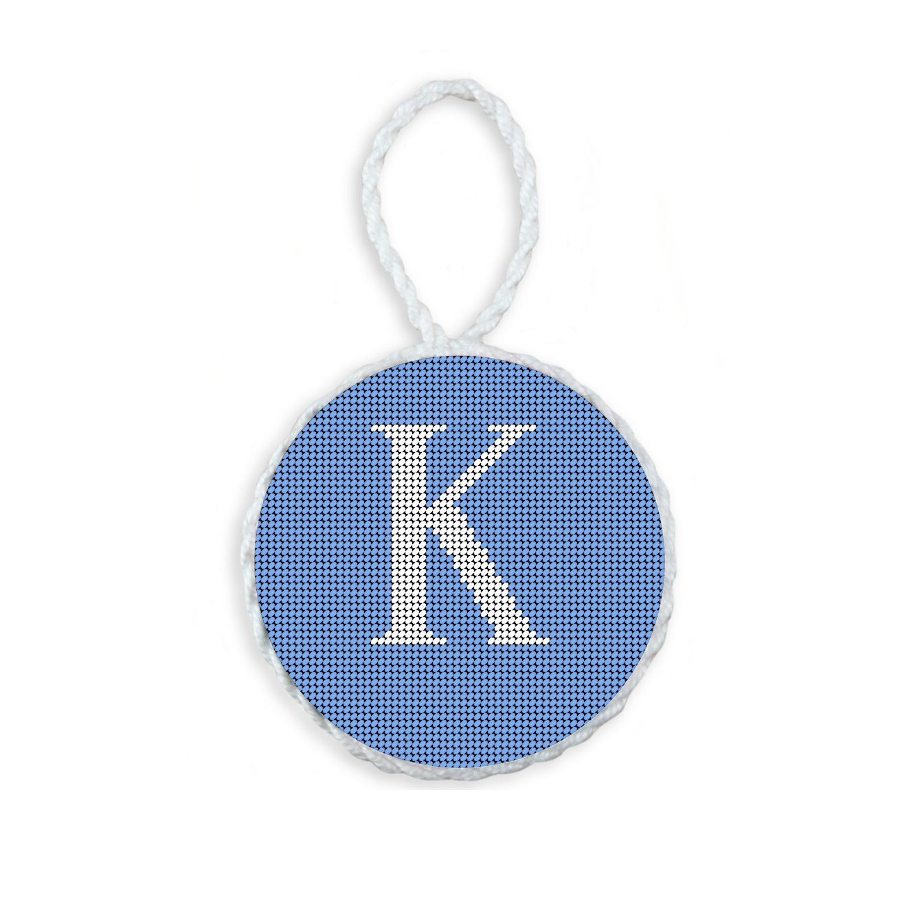 Baby Blue needlepoint ornament featuring a white large embroidered letter above a custom date, framed with decorative stitching and finished with a festive hanging loop.