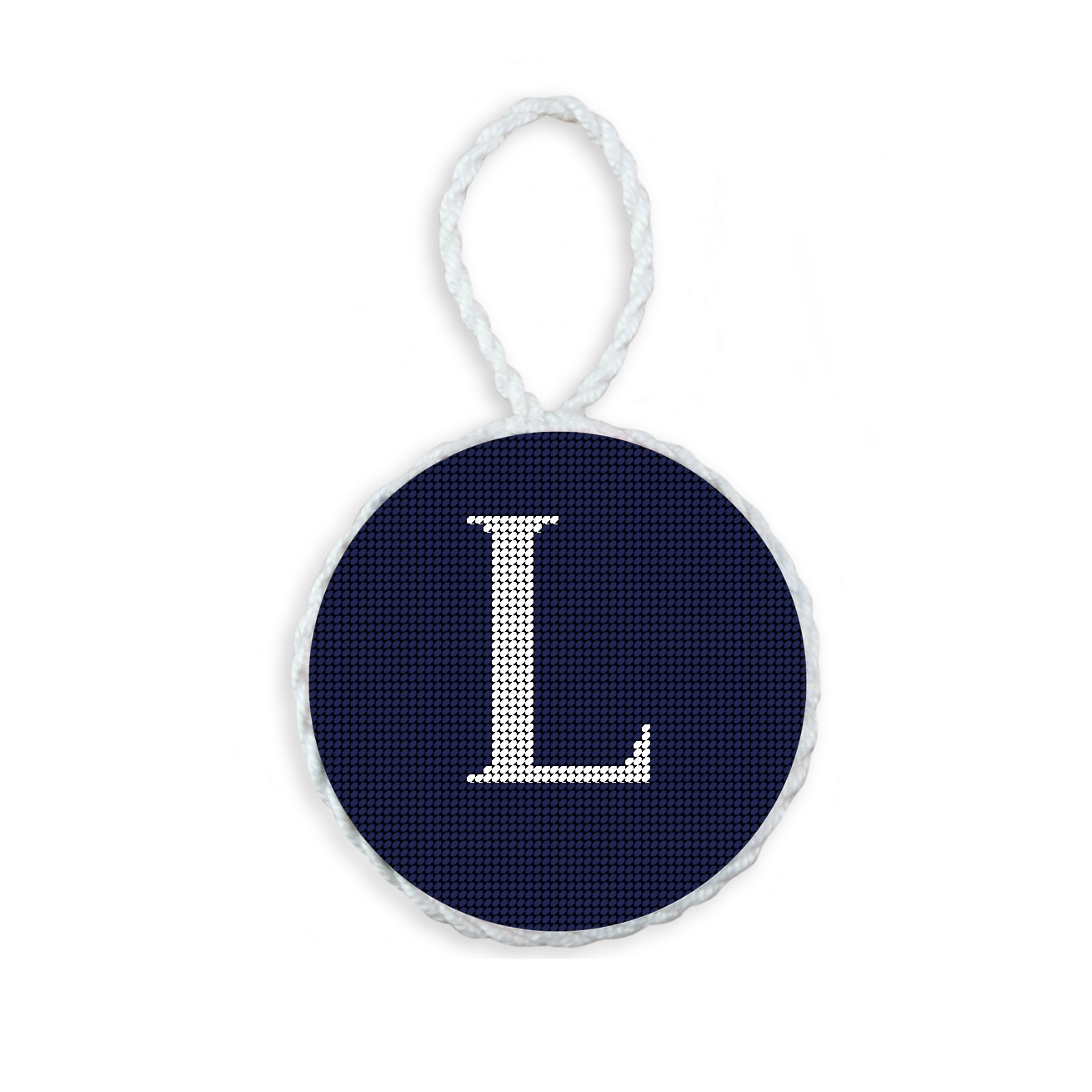 Dark Navy needlepoint ornament featuring a white large embroidered letter above a custom date, framed with decorative stitching and finished with a festive hanging loop.