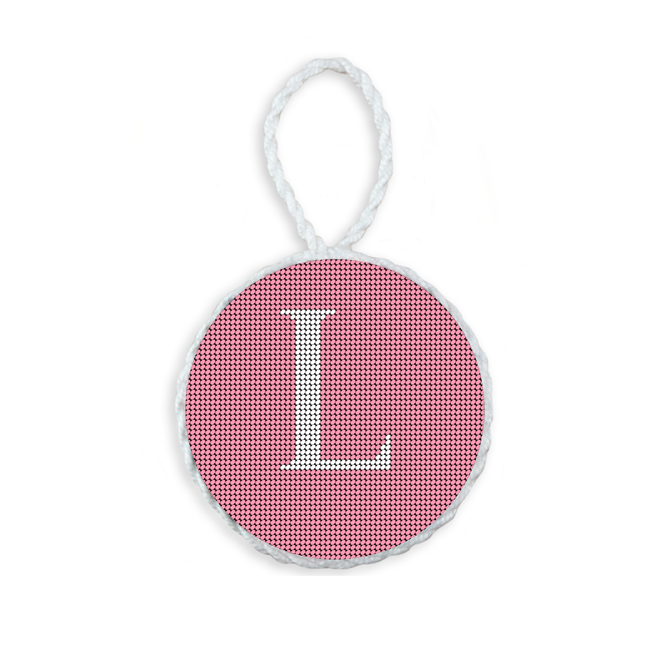 Pink needlepoint ornament featuring a white large embroidered letter above a custom date, framed with decorative stitching and finished with a festive hanging loop.