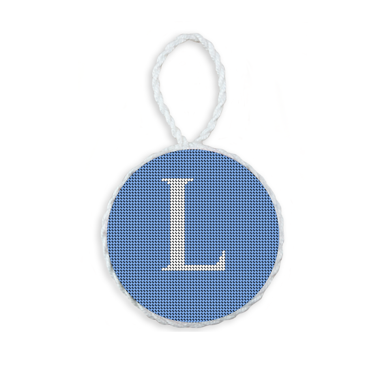 Baby Blue needlepoint ornament featuring a white large embroidered letter above a custom date, framed with decorative stitching and finished with a festive hanging loop.