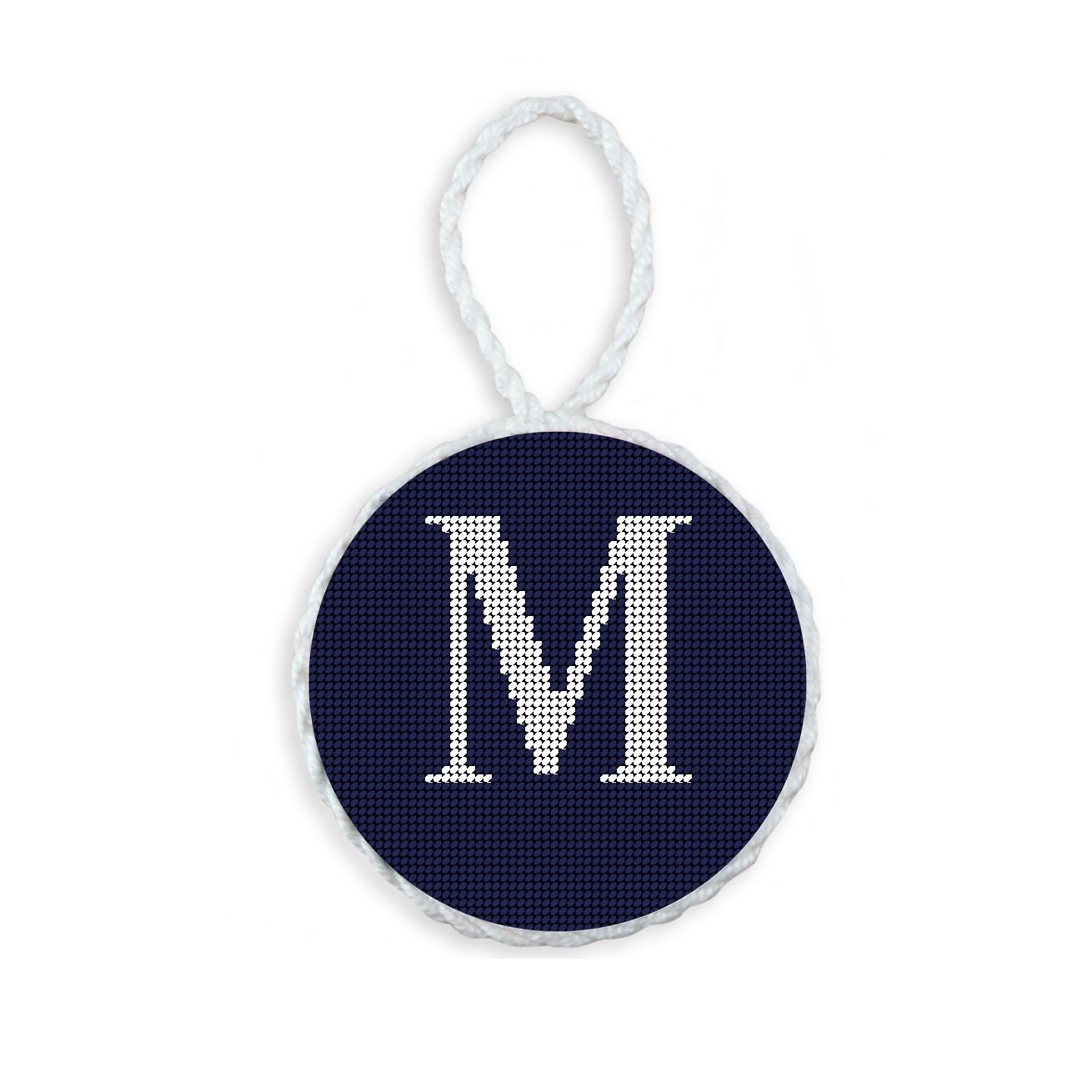 Dark Navy needlepoint ornament featuring a white large embroidered letter above a custom date, framed with decorative stitching and finished with a festive hanging loop.