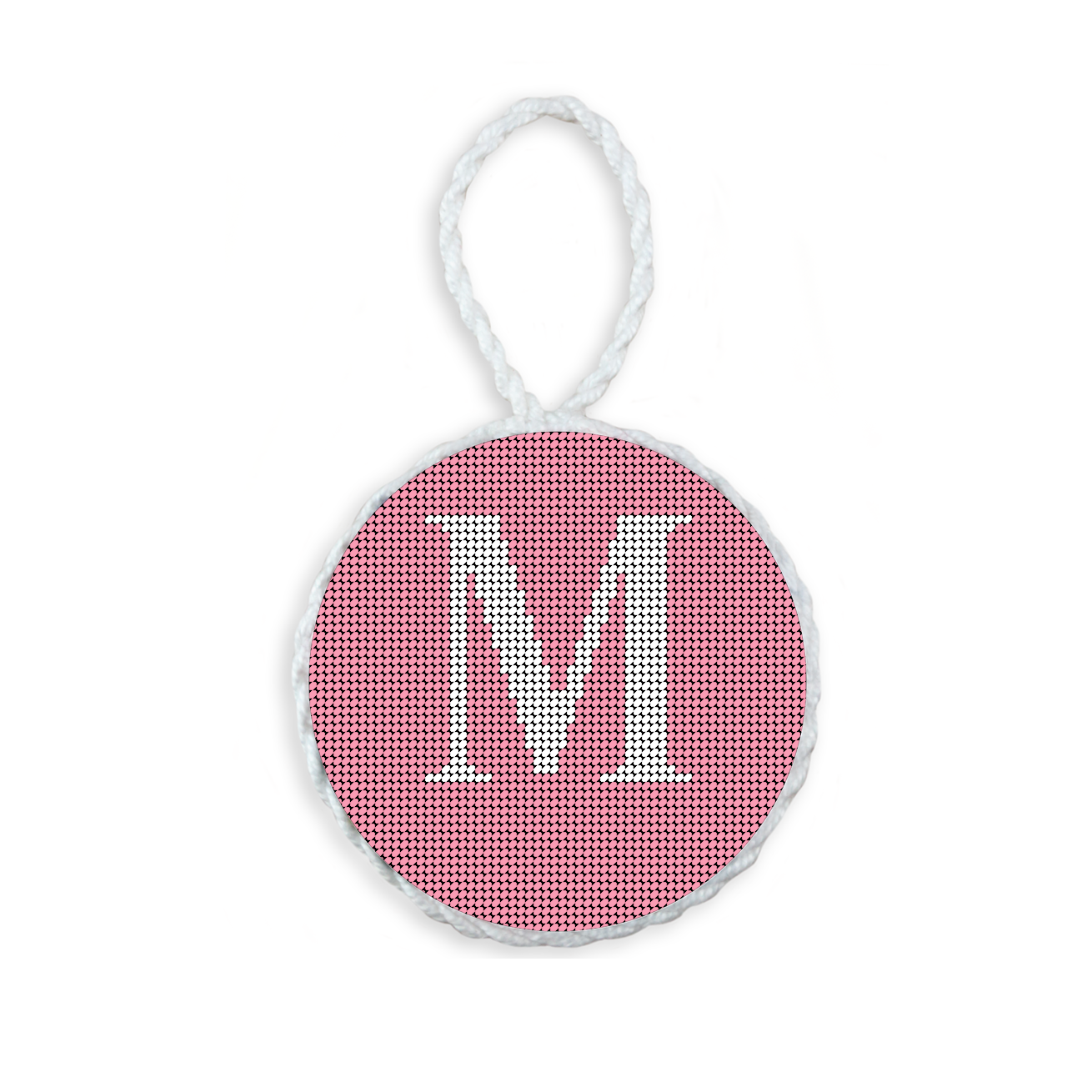 Pink needlepoint ornament featuring a white large embroidered letter above a custom date, framed with decorative stitching and finished with a festive hanging loop.