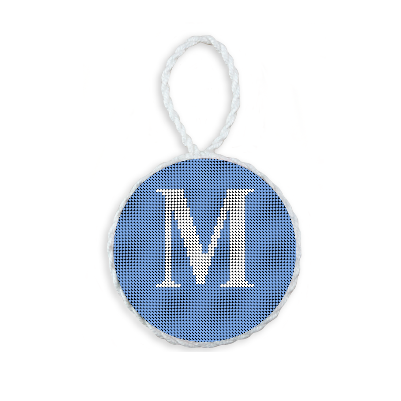 Baby Blue needlepoint ornament featuring a white large embroidered letter above a custom date, framed with decorative stitching and finished with a festive hanging loop.